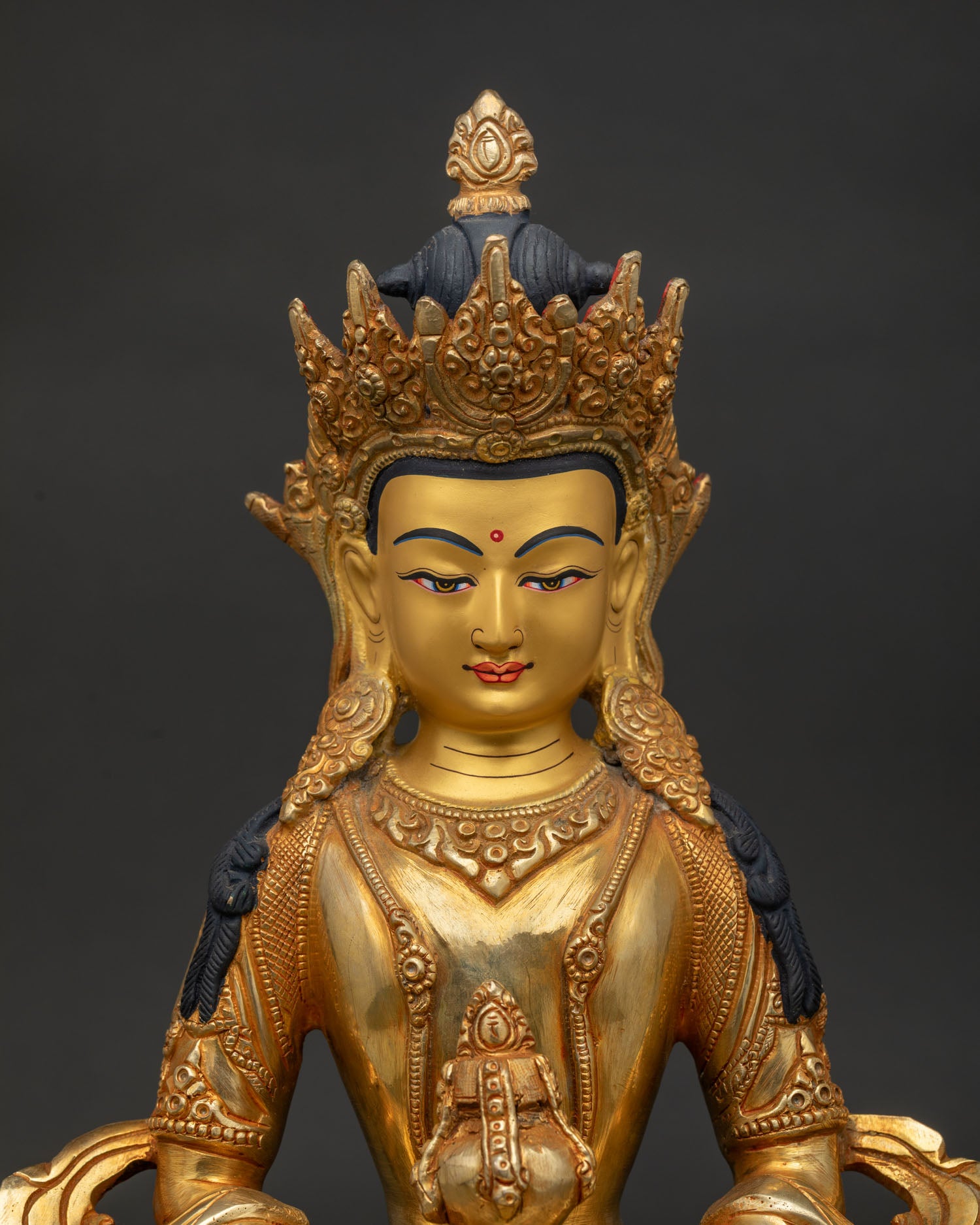 Premium Amitayus Buddha Gold Painted Face with Turquoise and Coral Close Up.