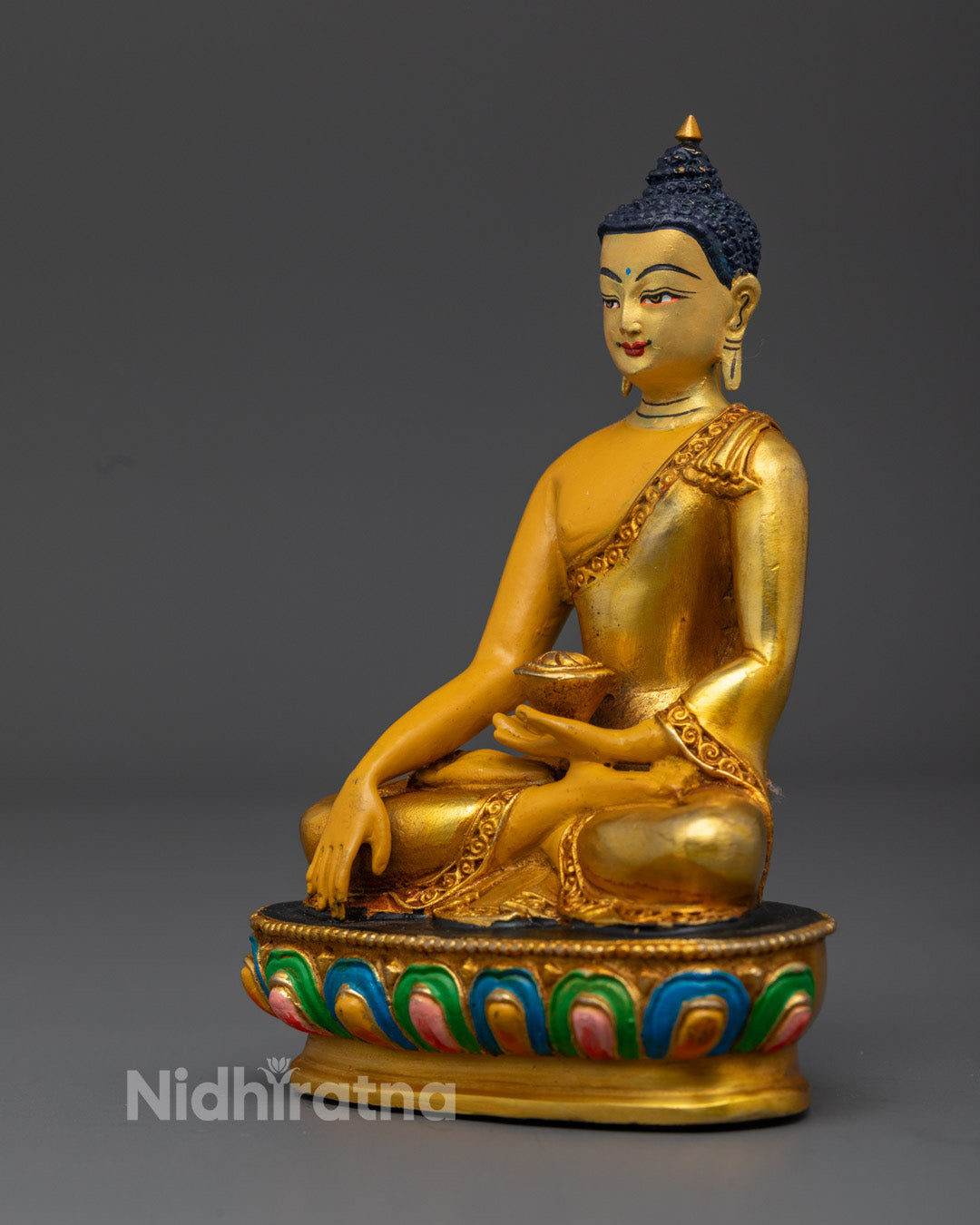 radiant gold-gilded face and intricate hand-painted details on Shakyamuni Buddha Statue – crafted using the sacred Lost Wax technique.