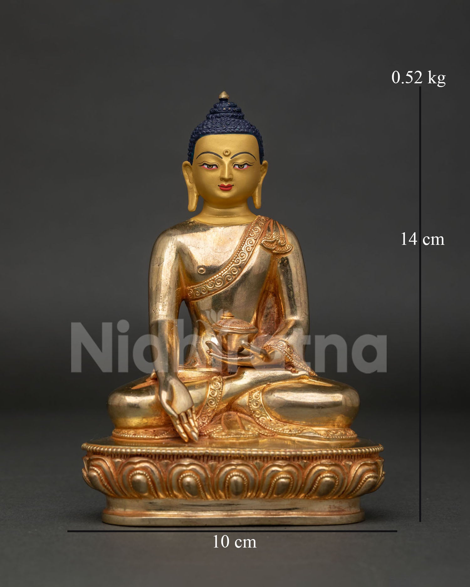 Ratnasambhava Buddha Statue Front View Handcrafted in Patan Nepal with Gold Fire Gilding.