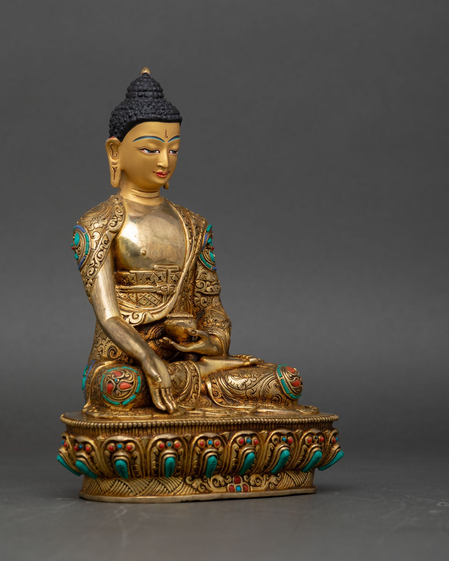 Ratnasambhava Buddha varada mudra generosity gesture, handcrafted copper gold detailing nepal,
