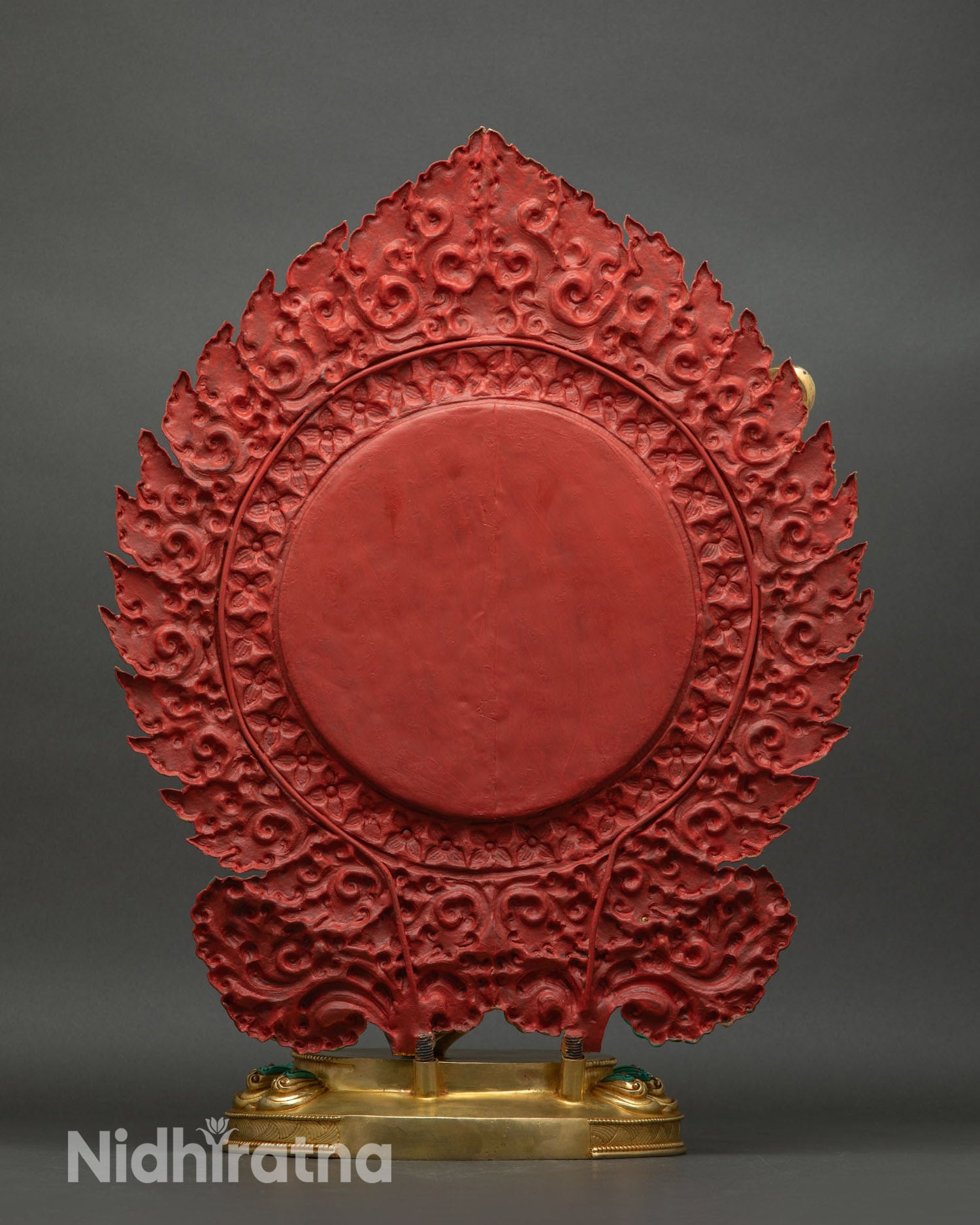 back-view, rear view of machig-labdron statue with ornate halo, painted details, engraved robes and sacred lotus-base structure