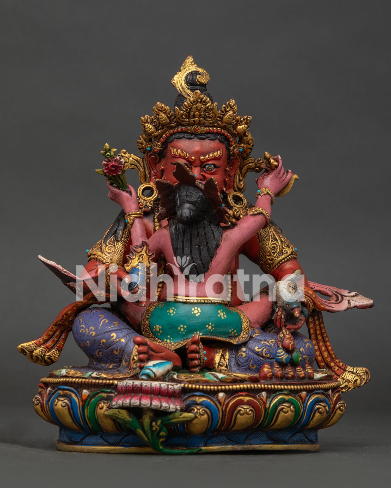 Red Dzambhala Yab Yum Statue front view handcrafted copper wealth deity from Nepal