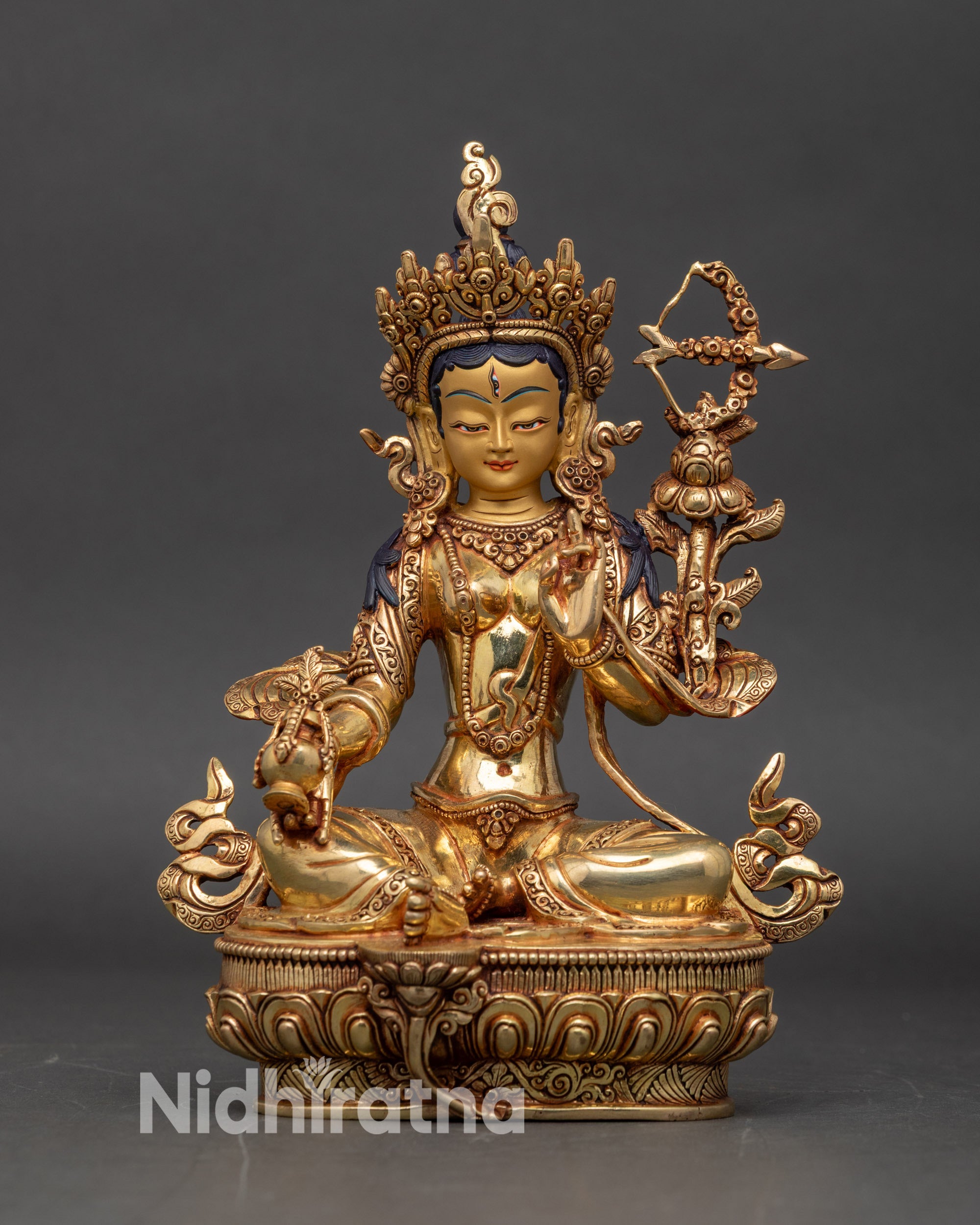 red-tara-statue-front-view-gold-gilded-copper-handcrafted-nepali-buddhist-goddess
