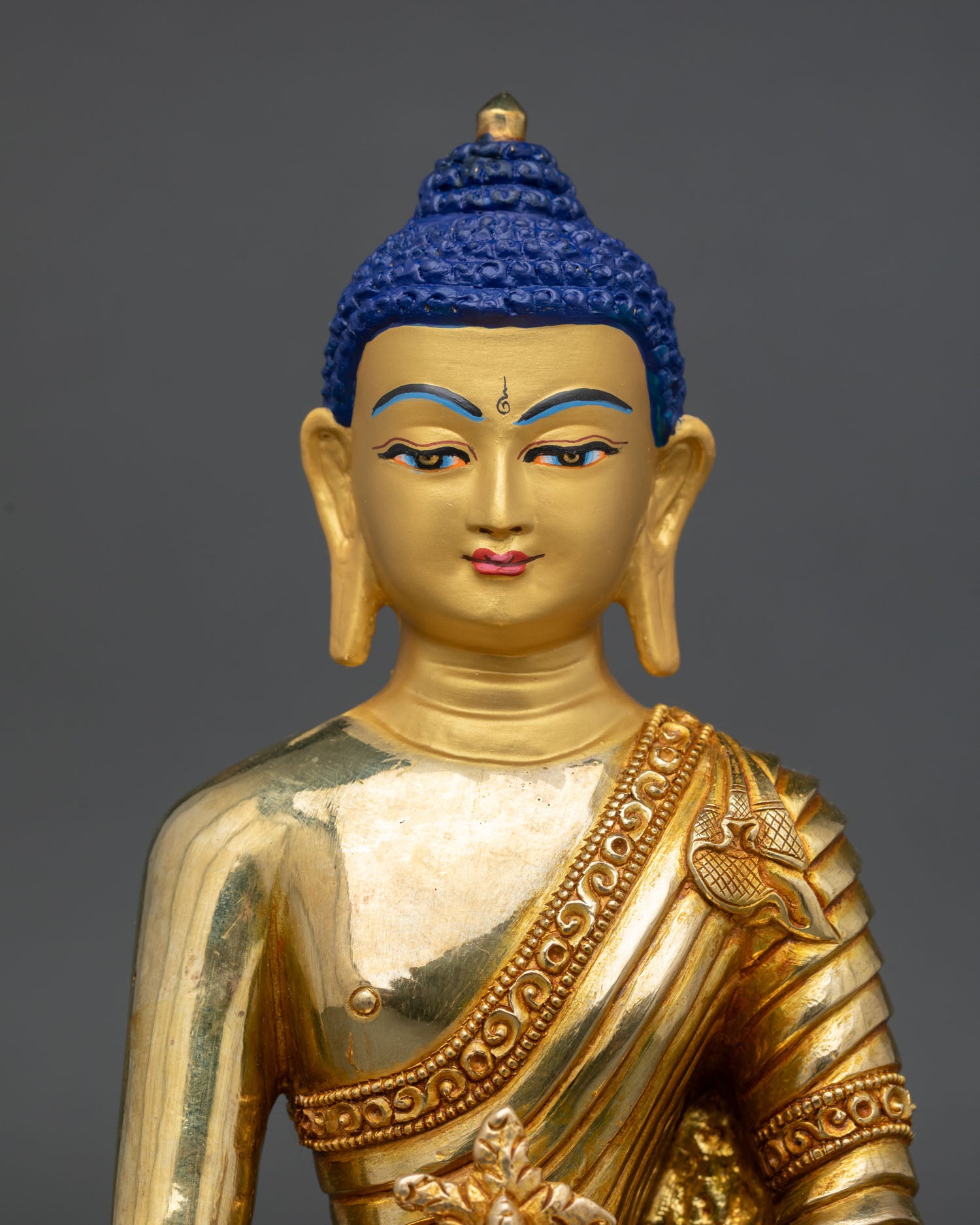 regular close up medicine buddha statue lost wax nepal copper craftsmanship gold gilded detail
