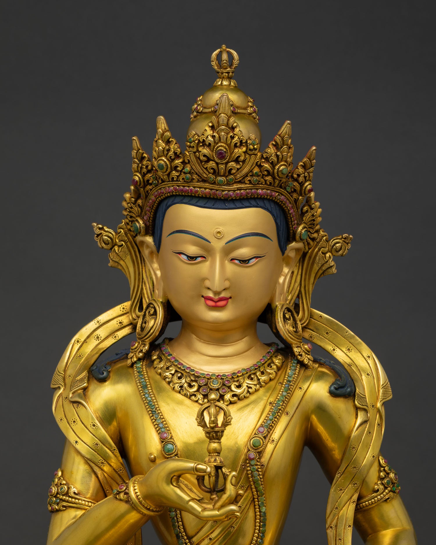 Close Up of Handmade Vajrasattva Statue with Gold Gilded Copper Body