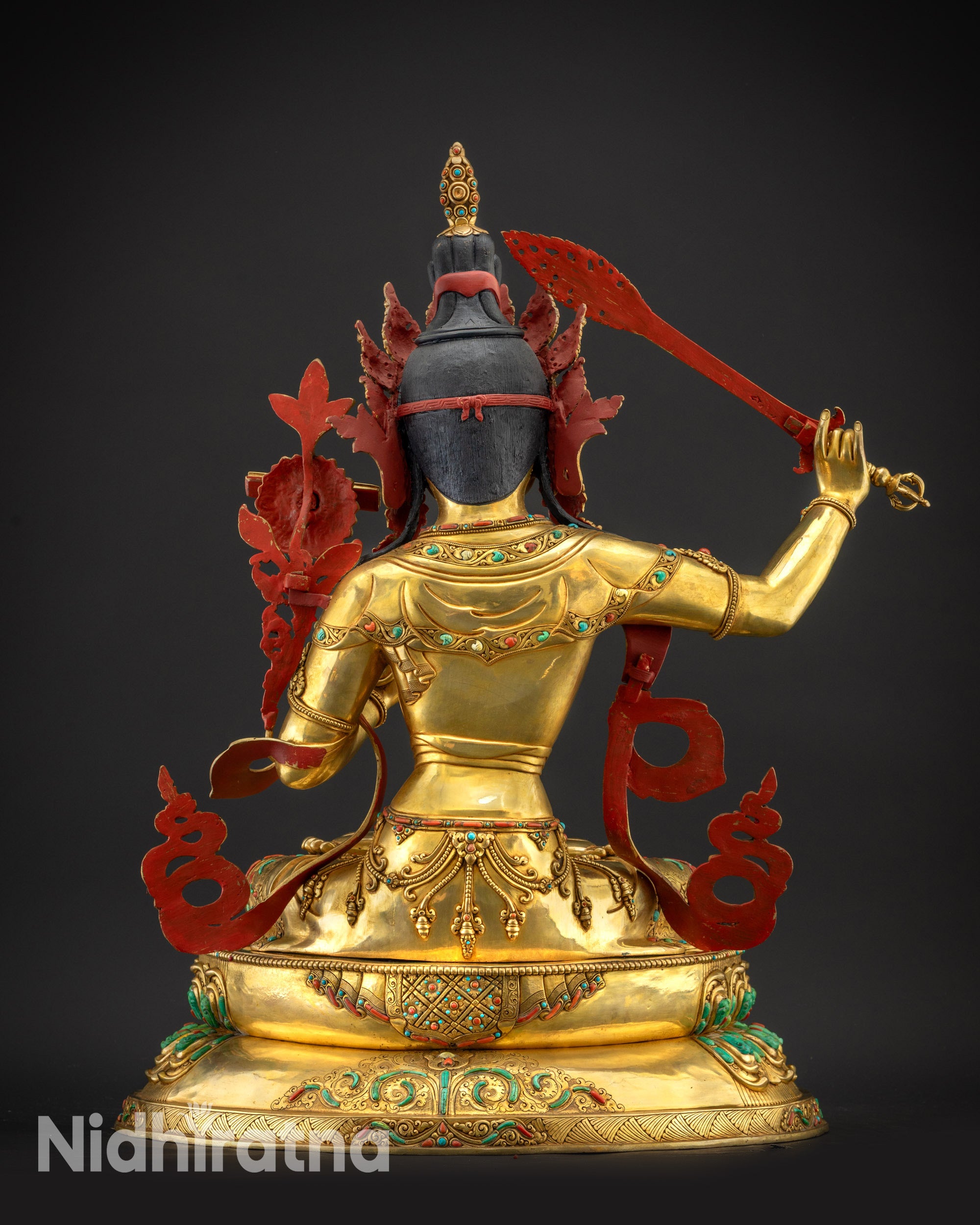 regular back view Manjushri meditation statue detailed robe and lotus base