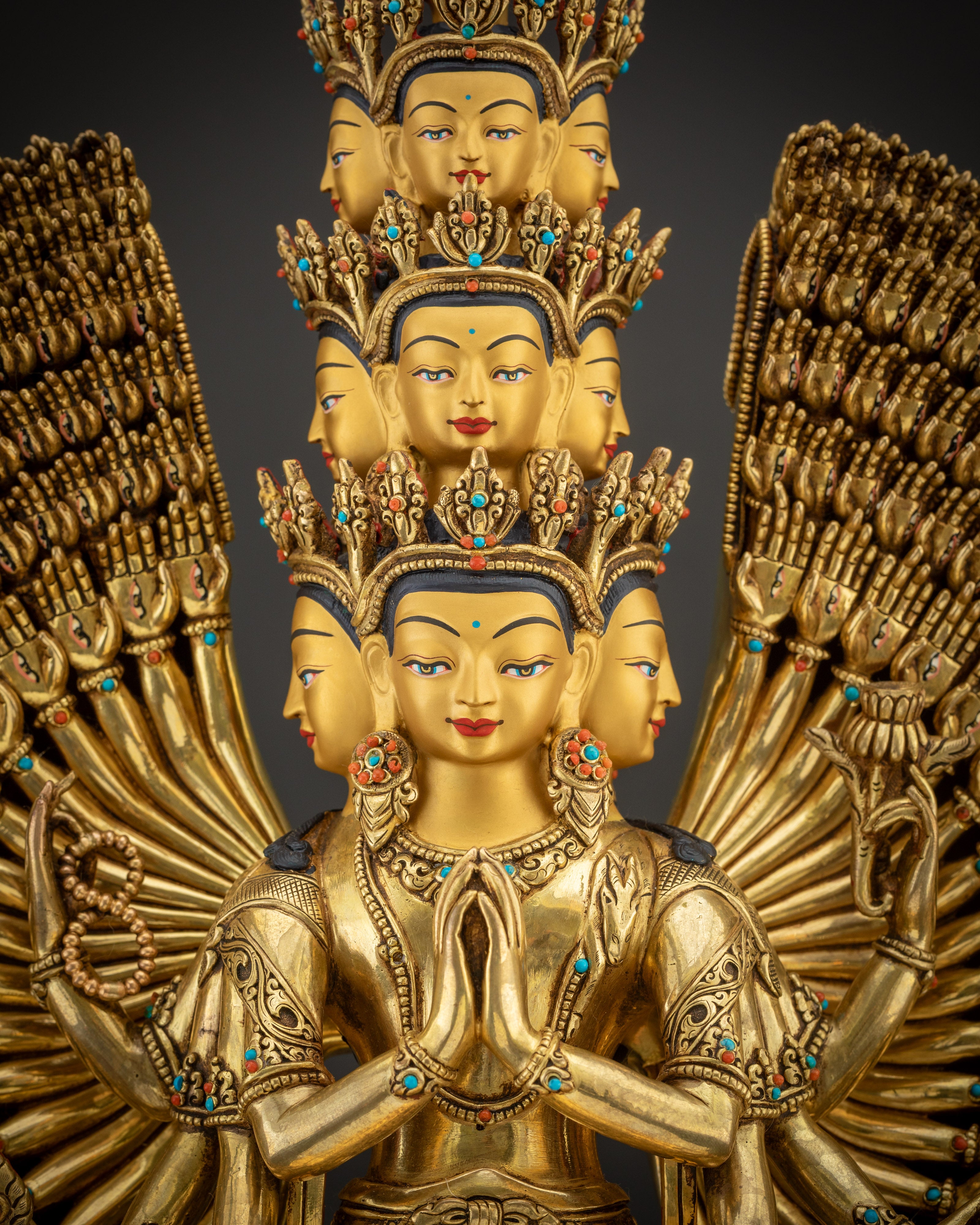 regular close up 1000 Armed Chenrezig Avalokiteshvara statue semi precious gemstone inlay