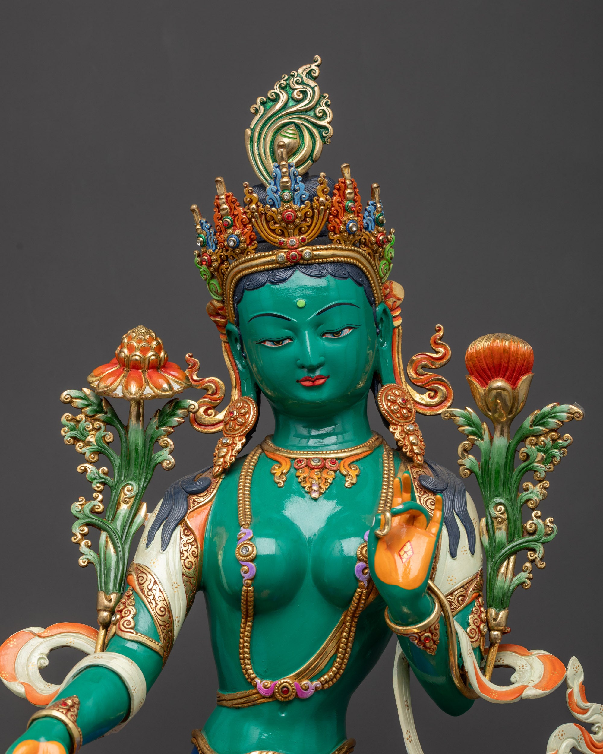 regular close up Green Tara five jewelled crown jewelry and flowing robes Buddhist art