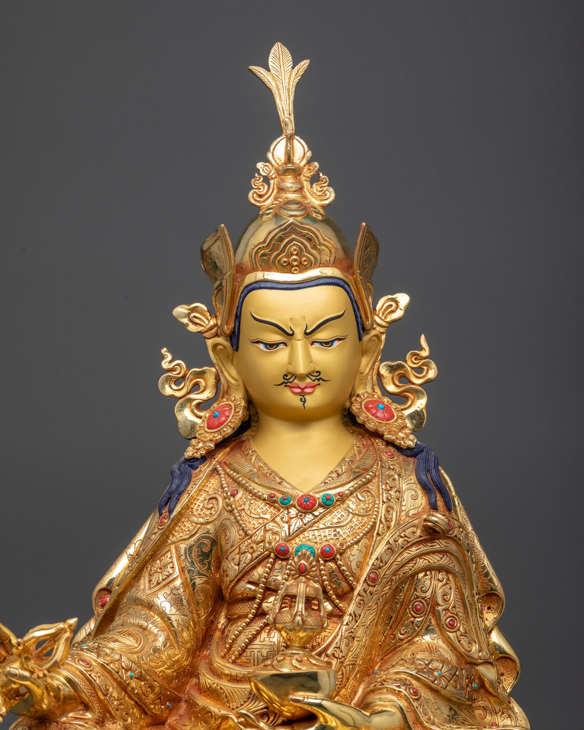 regular close up Guru Rinpoche Statue with skull cup Dorje and semi-precious stones