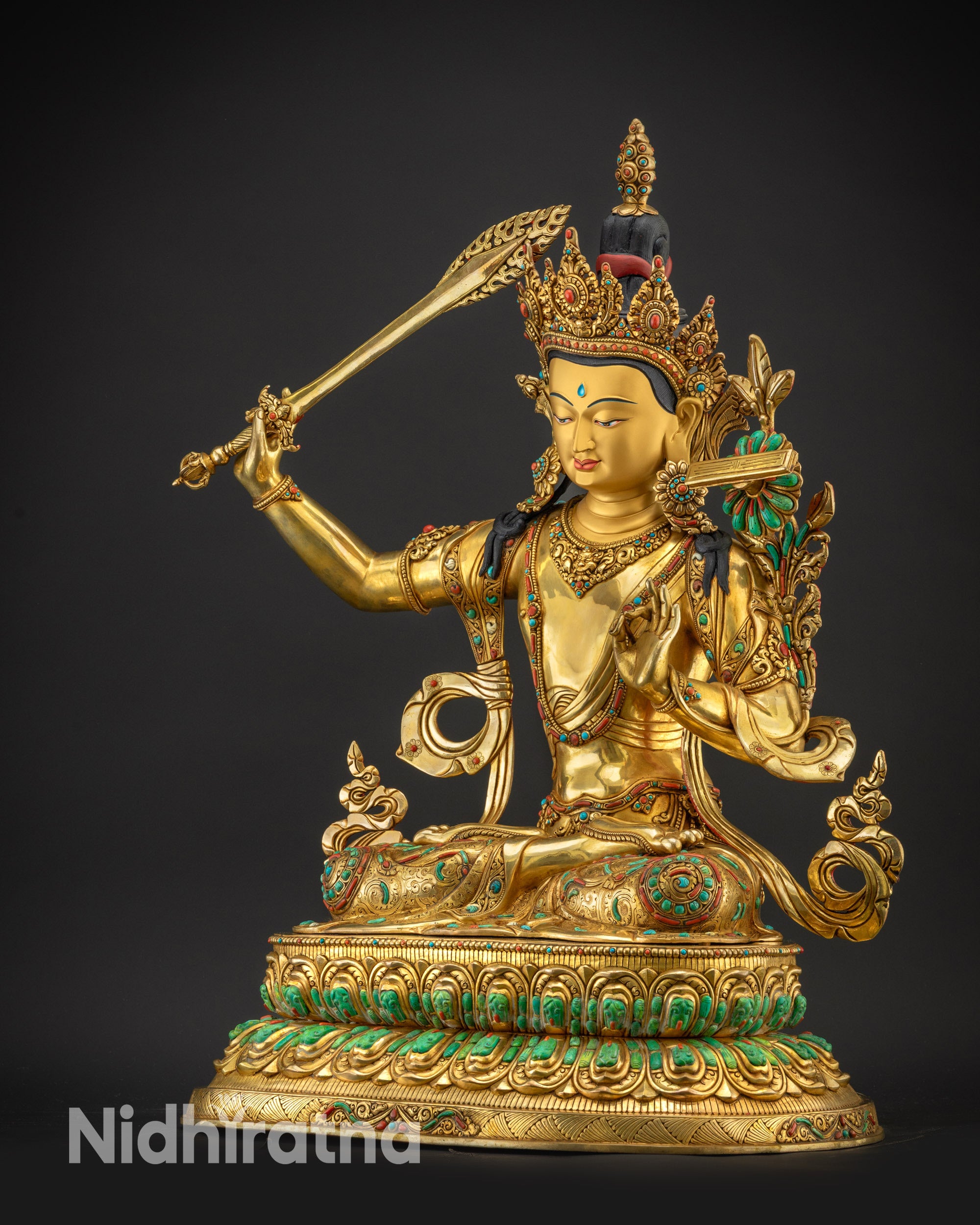 regular left side view Manjushri statue swirling robe intricate carvings