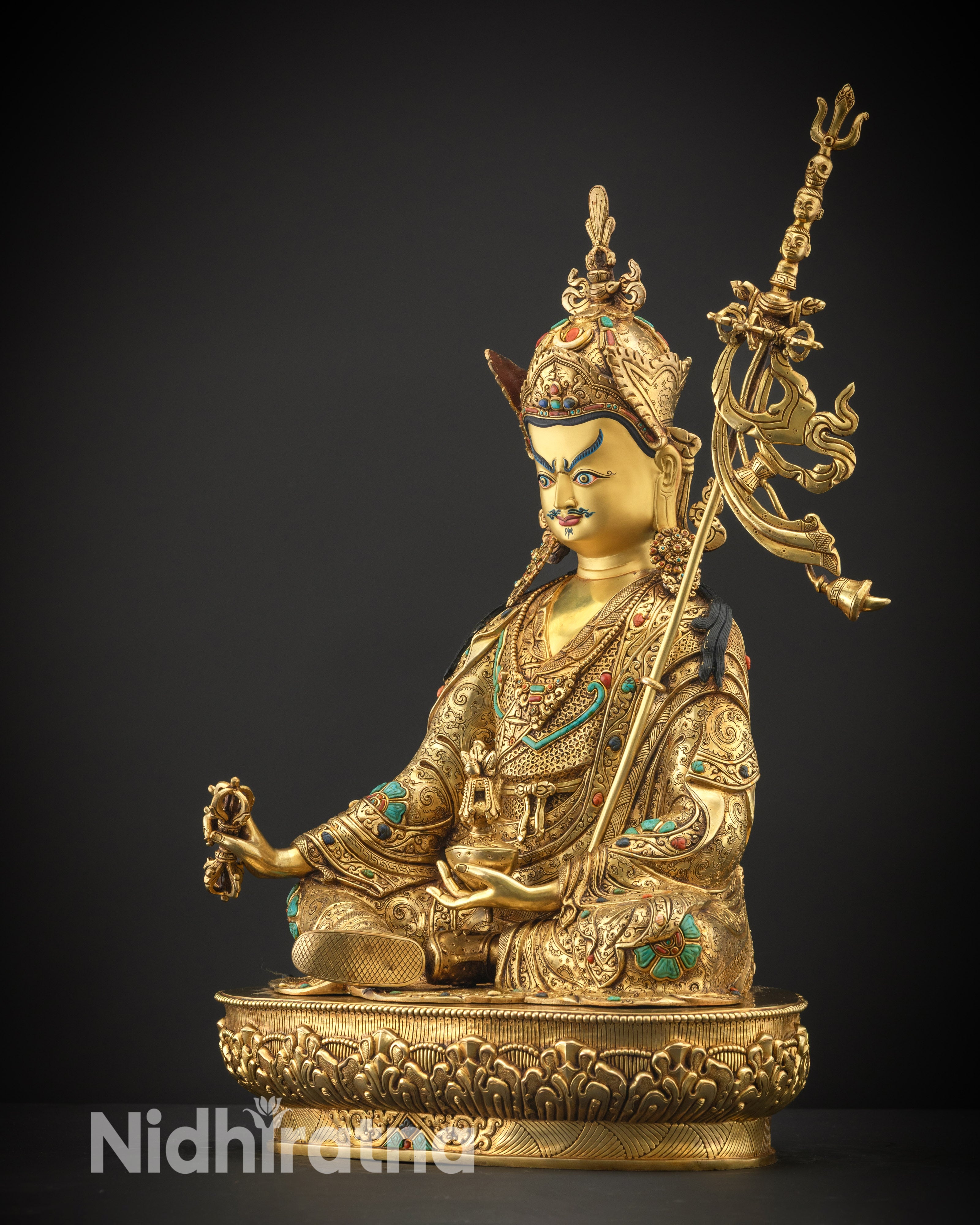 regular side left view 24K gold gilded Padmasambhava Guru Rinpoche statue from Nepal