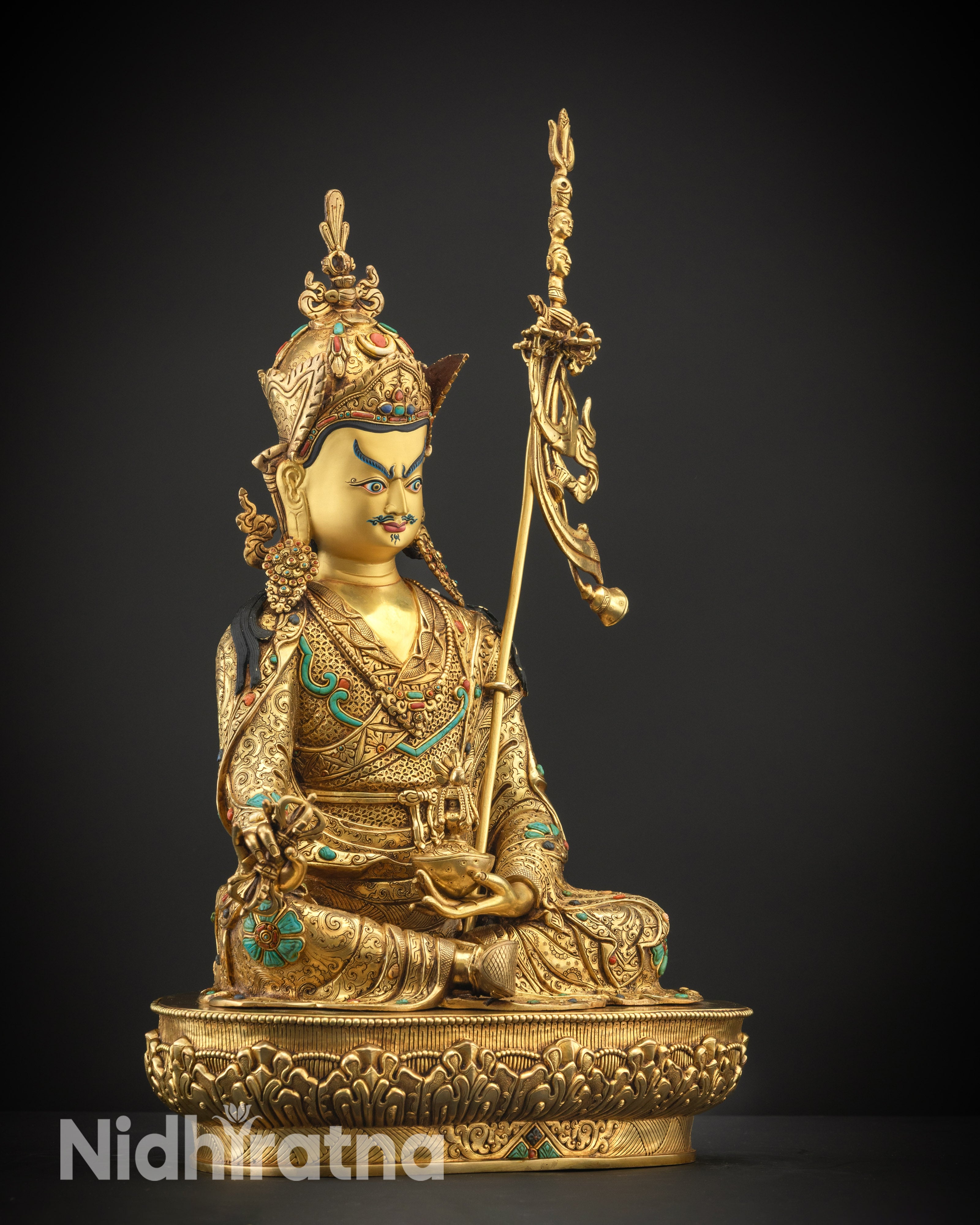 regular side right view gold gilded Padmasambhava statue handmade Buddhist figure Nepal