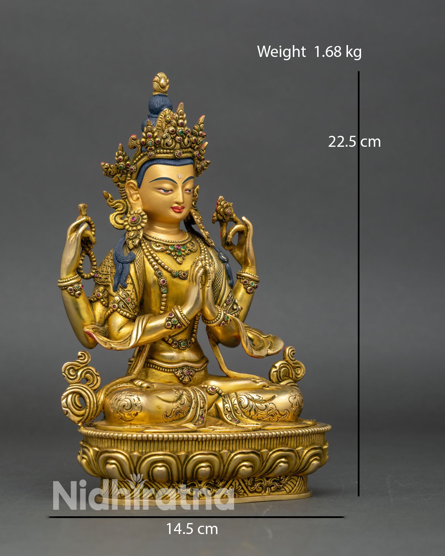 right profile chenrezig statue, handcrafted nepalese bodhisattva with gemstone ornaments