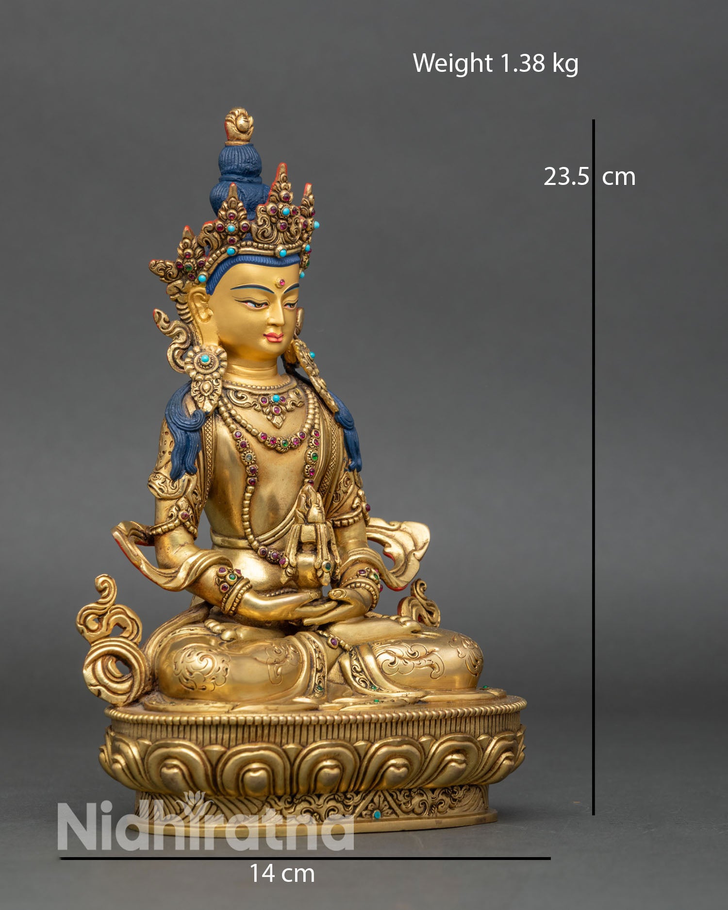 Right profile of Amitayus statue, copper body with gold fire-gilding and sacred details