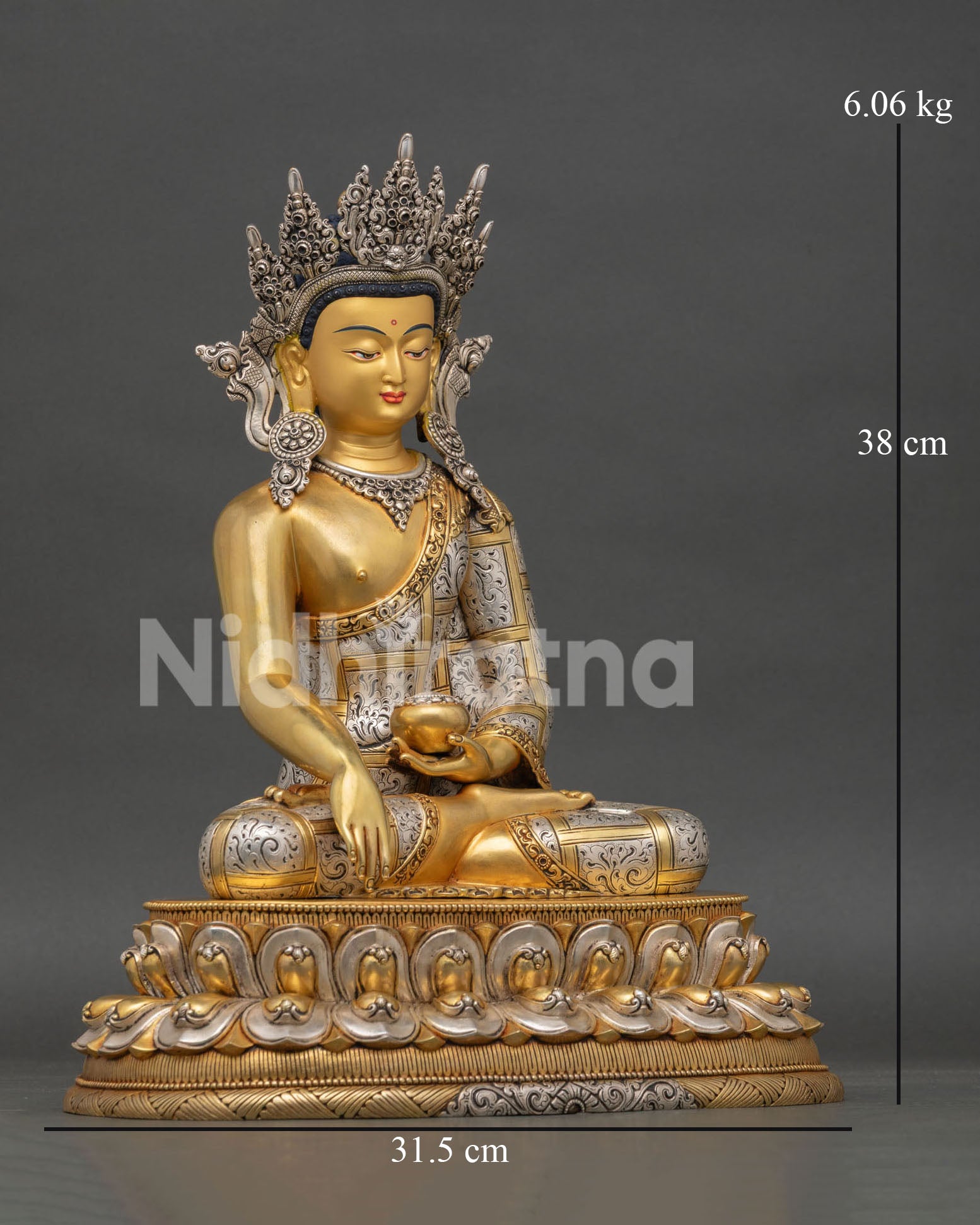 right profile of crowned shakyamuni buddha statue on double lotus seat from nepal