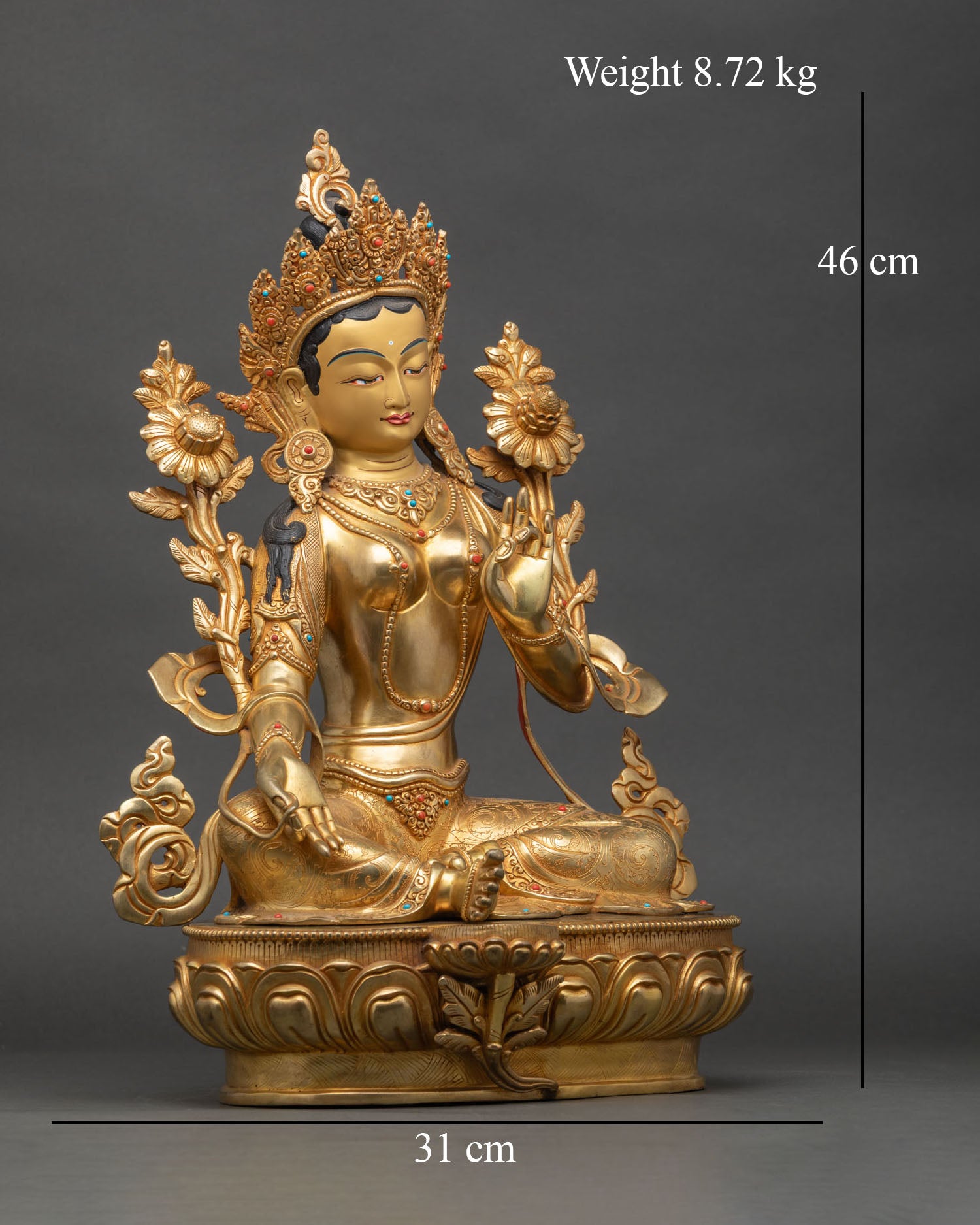 Right profile of Green Tara statue, Lalitasana posture, copper and gold craftsmanship