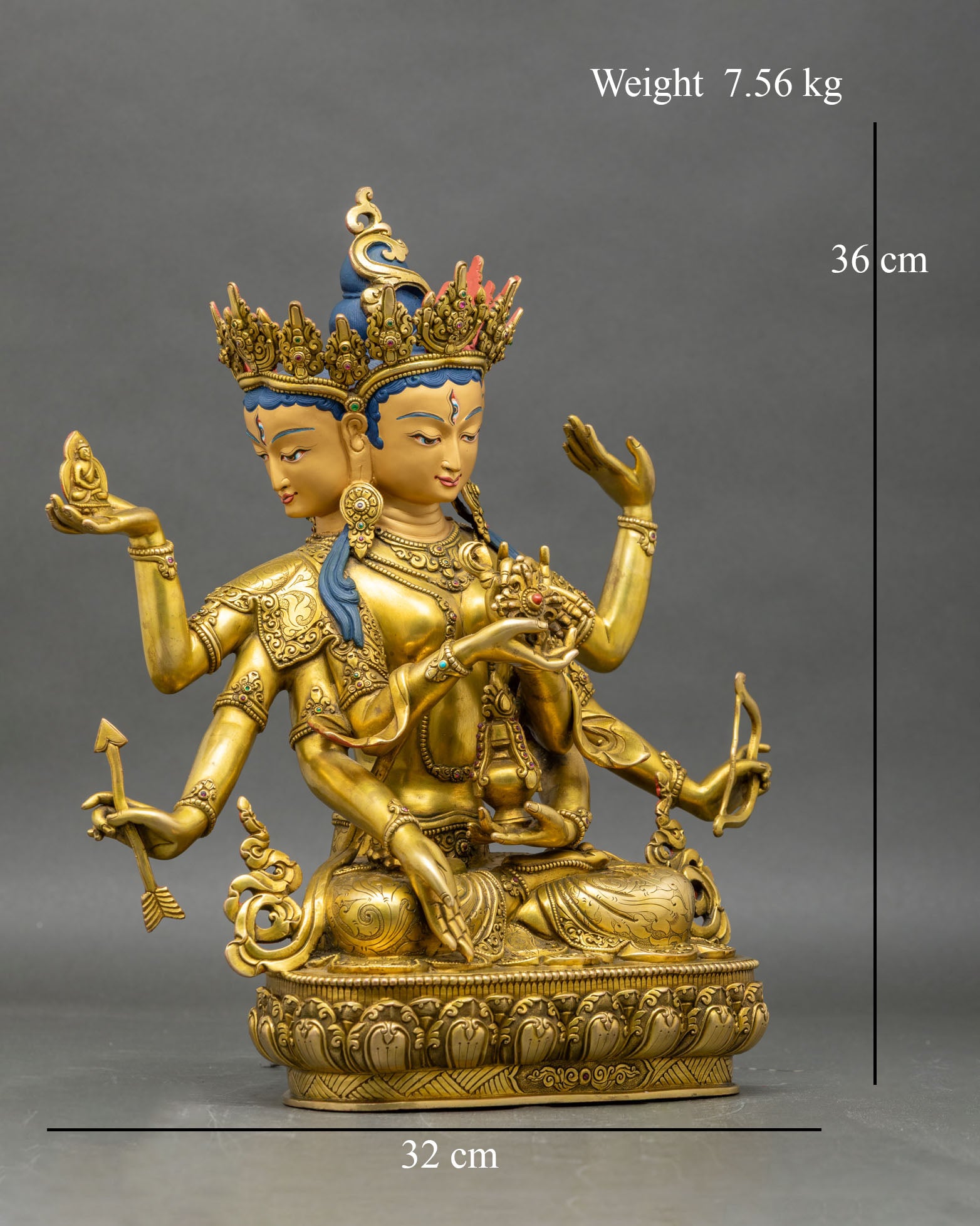 Right profile of Namgyalma statue, lotus pedestal and multi-arm deity details