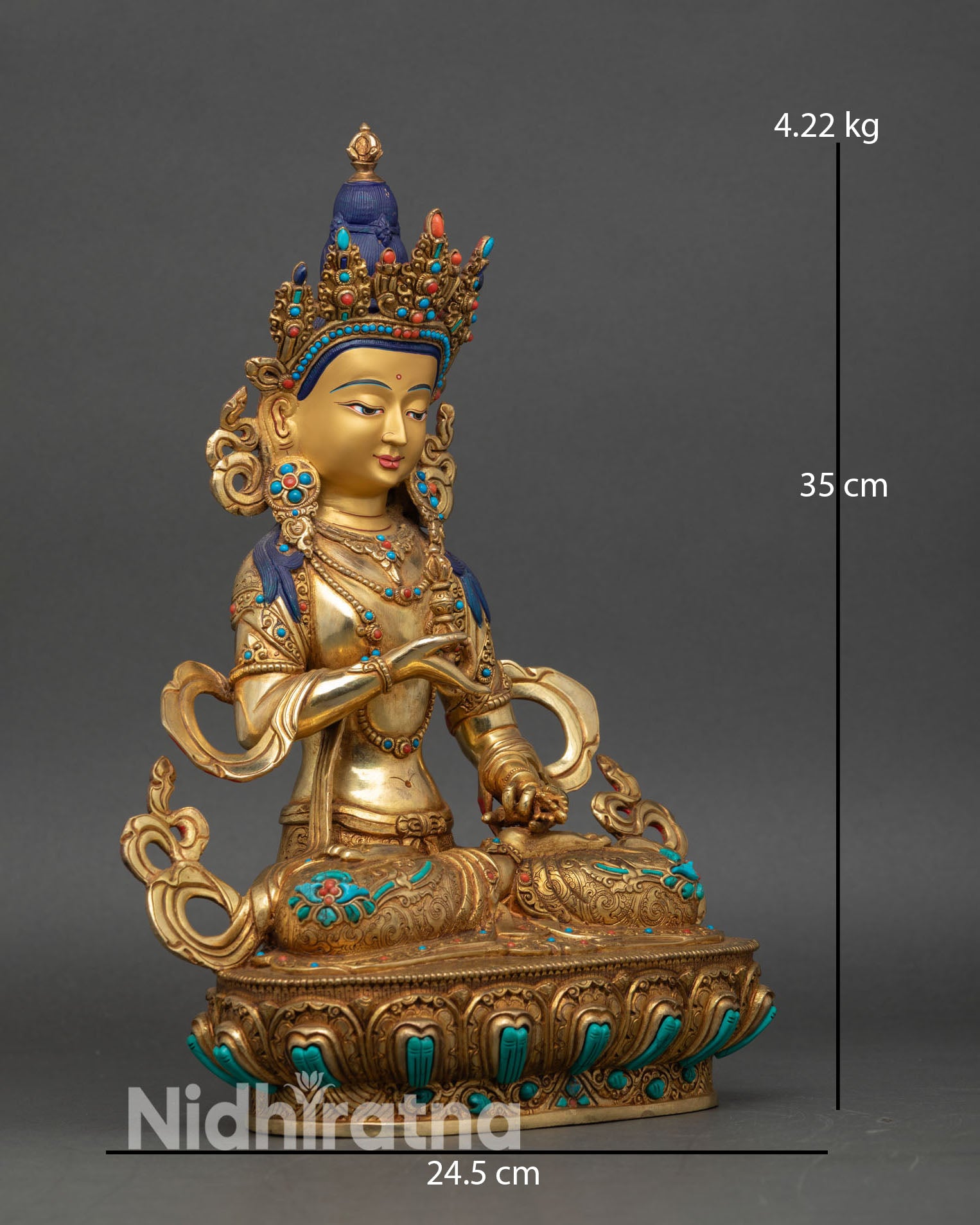Right profile of Vajrasattva Dorje Sempa sculpture, Tibetan Buddhist ritual artwork with turquoise inlay