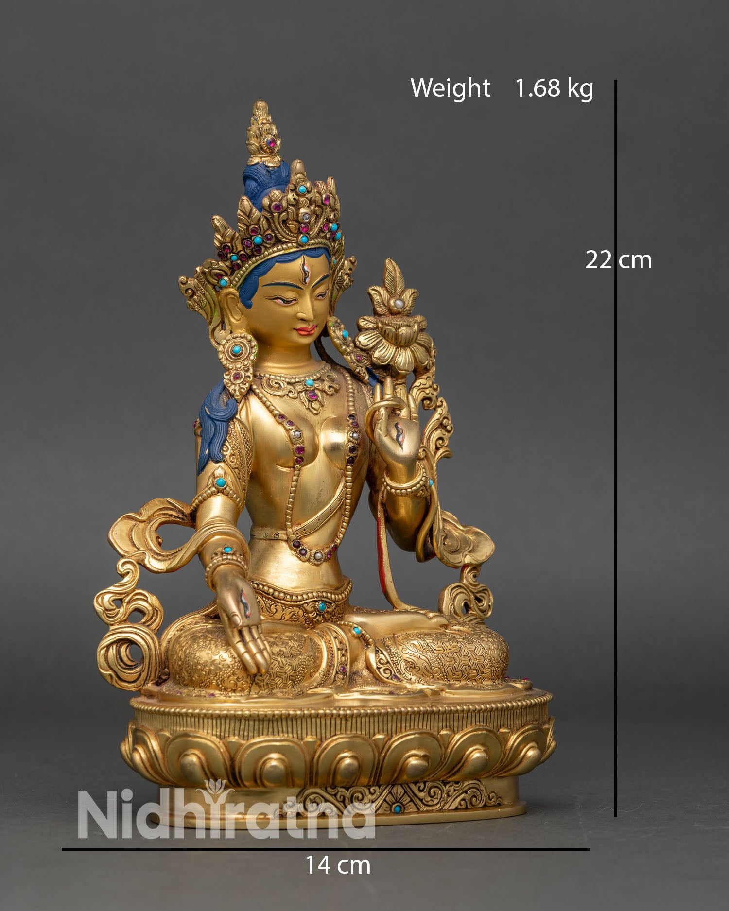 Right profile of White Tara meditation statue, copper and 24K gold craftsmanship from Nepal