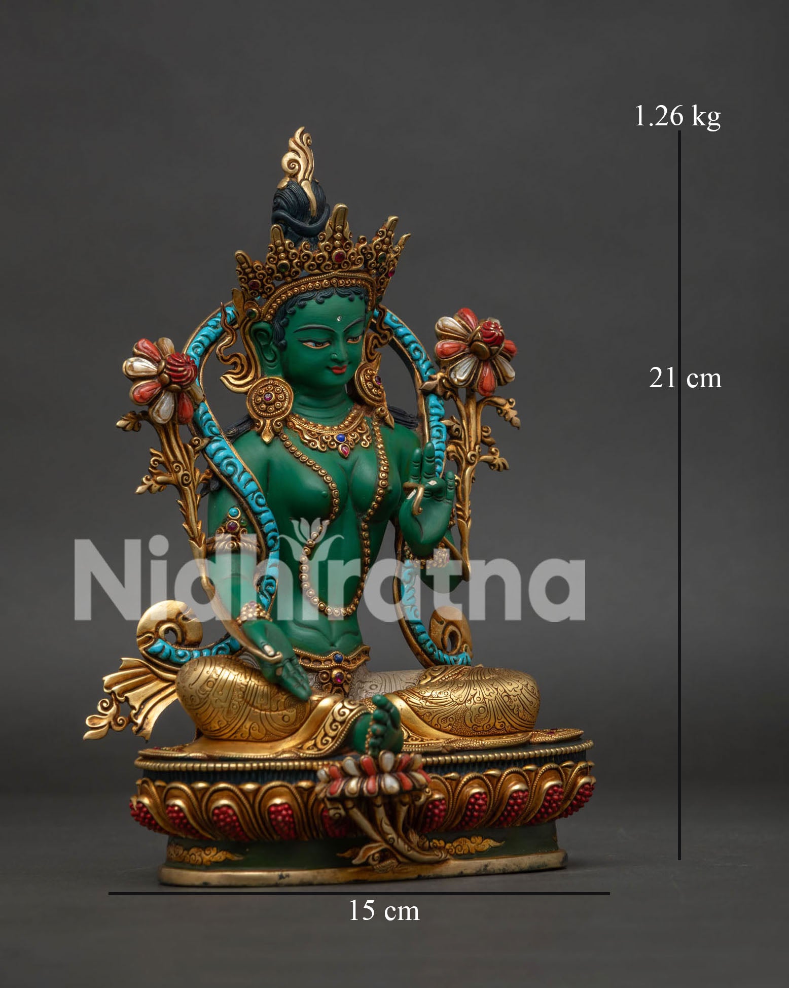 Right side of Green Tara Statue — utpala flower, turquoise robe edge and gold-gilded lotus throne
