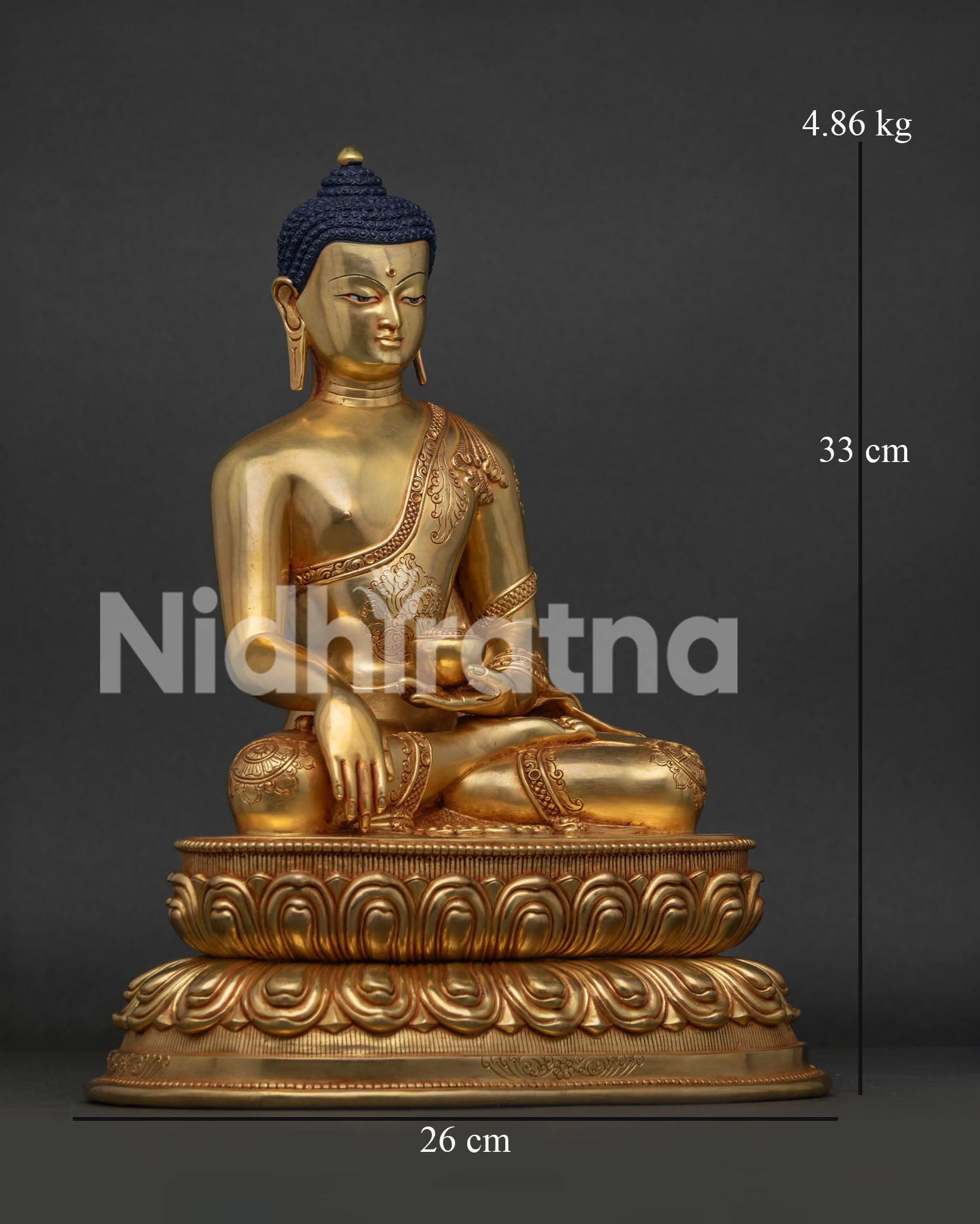 Right side profile of 24K gold fire-gilded Shakyamuni Buddha figurine handcrafted in Nepal.