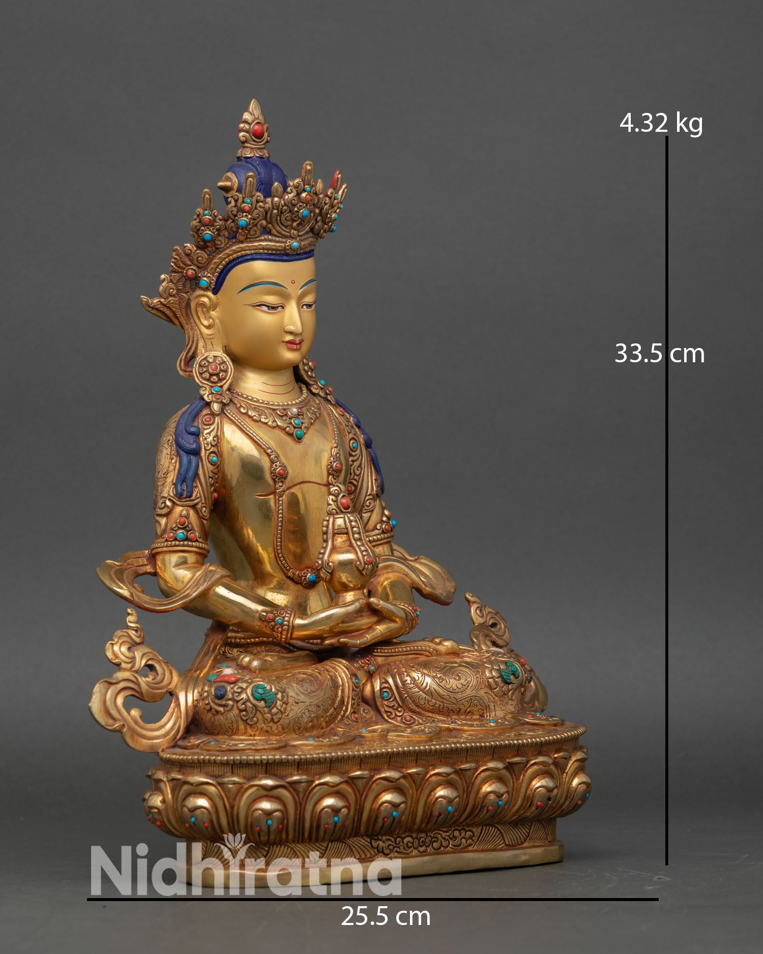 Right Side View Amitayus Statue, Copper Buddhist Sculpture with Ornate Carvings