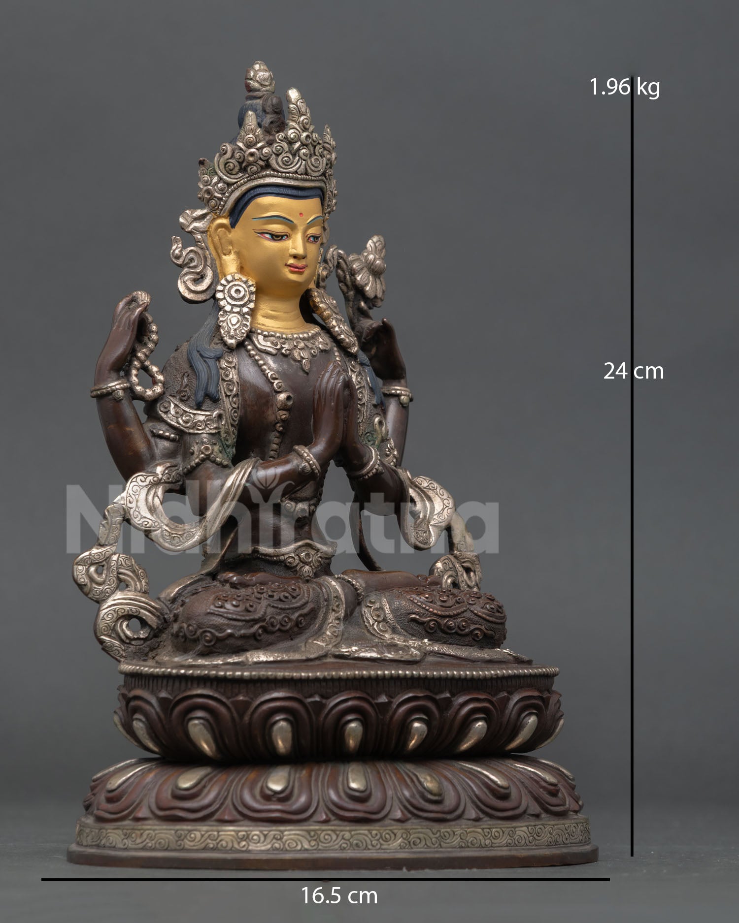 right side view chenrezig statue four armed bodhisattva oxidized copper silver plated nepal art