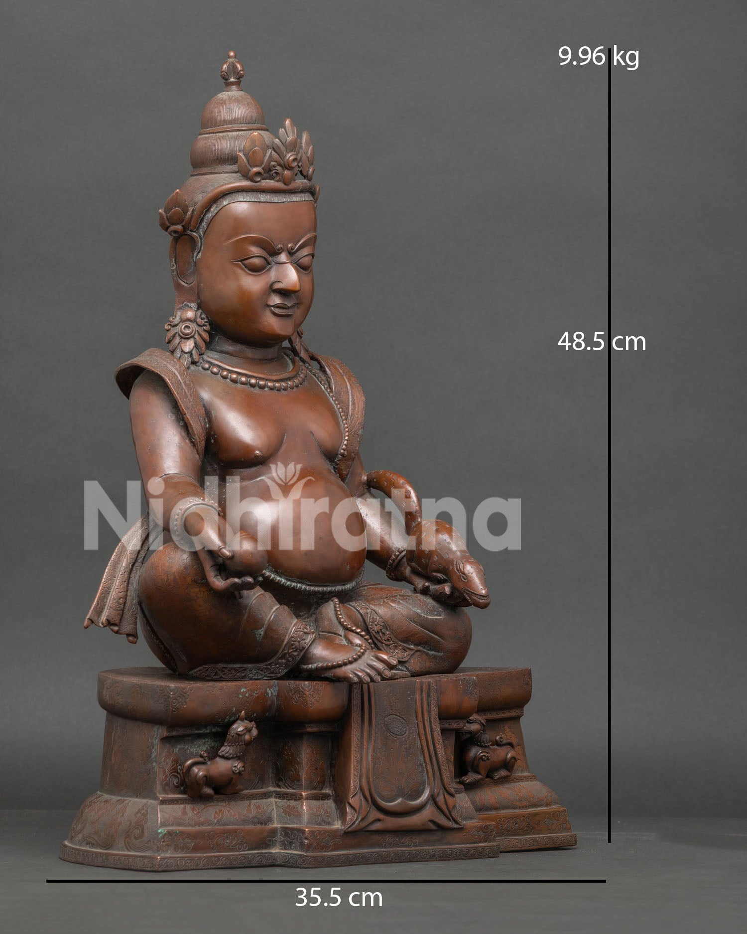 right side view dzambhala statue handcrafted copper oxidized buddhist wealth god sculpture