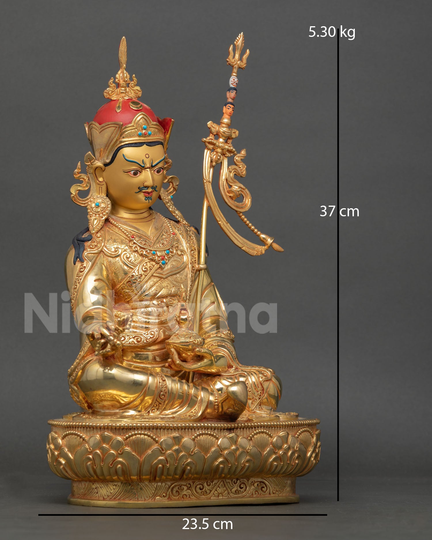 right side view guru rinpoche statue, handcrafted copper vajrayana buddhist sculpture