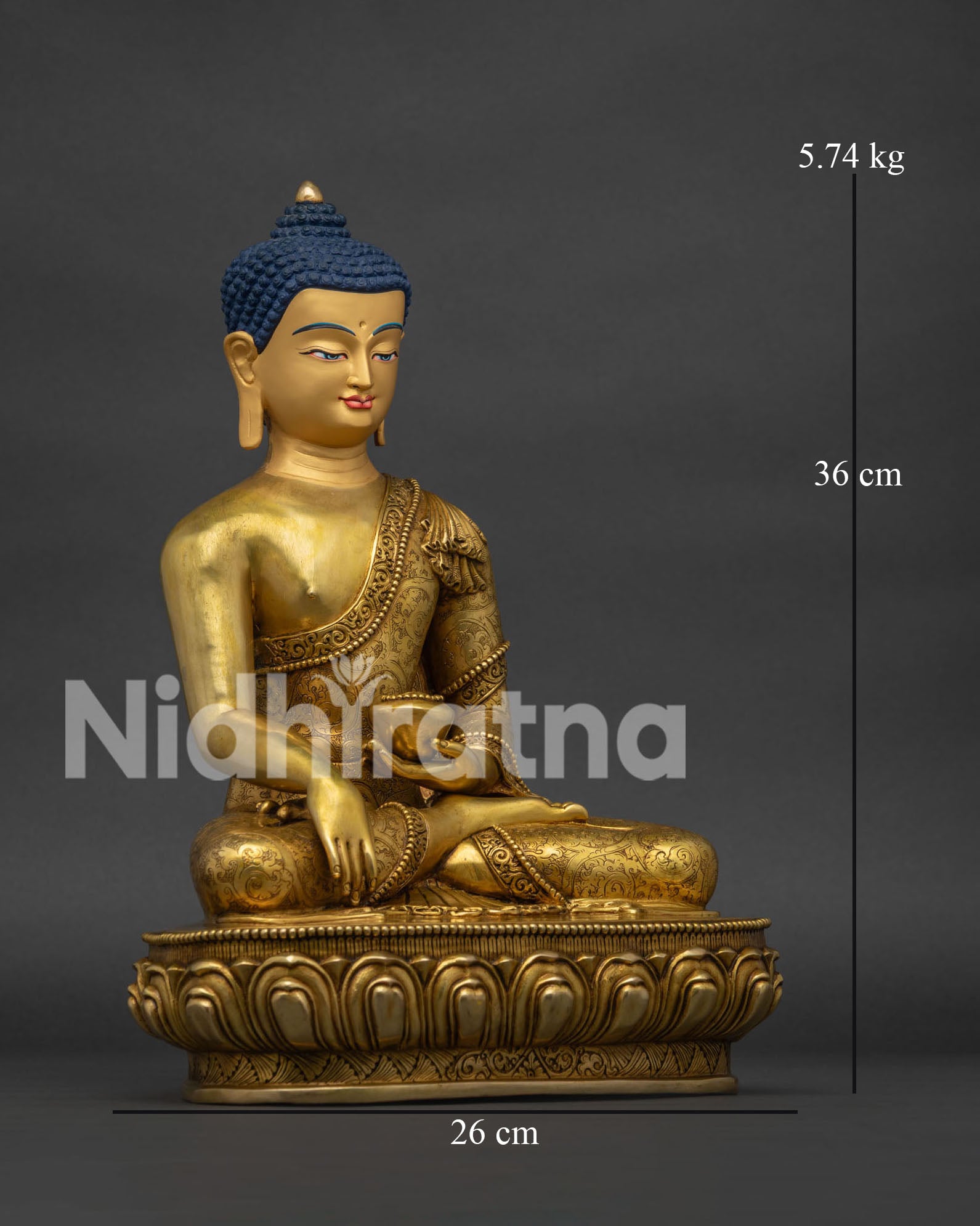 Right side view of handmade 24K gold-gilded Shakyamuni Buddha statue from Nepal