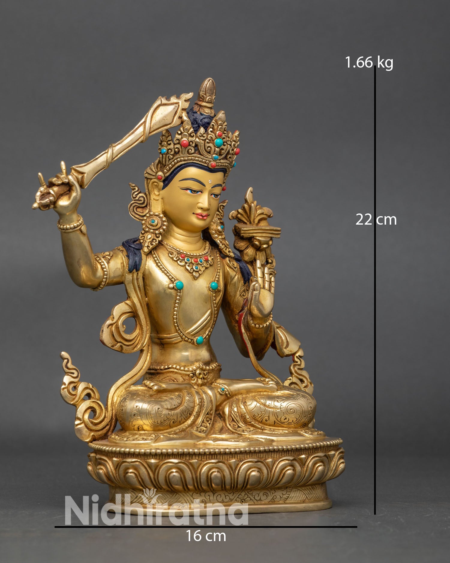 Nepali handcrafted Manjushri statue with lotus seat and gold gilding