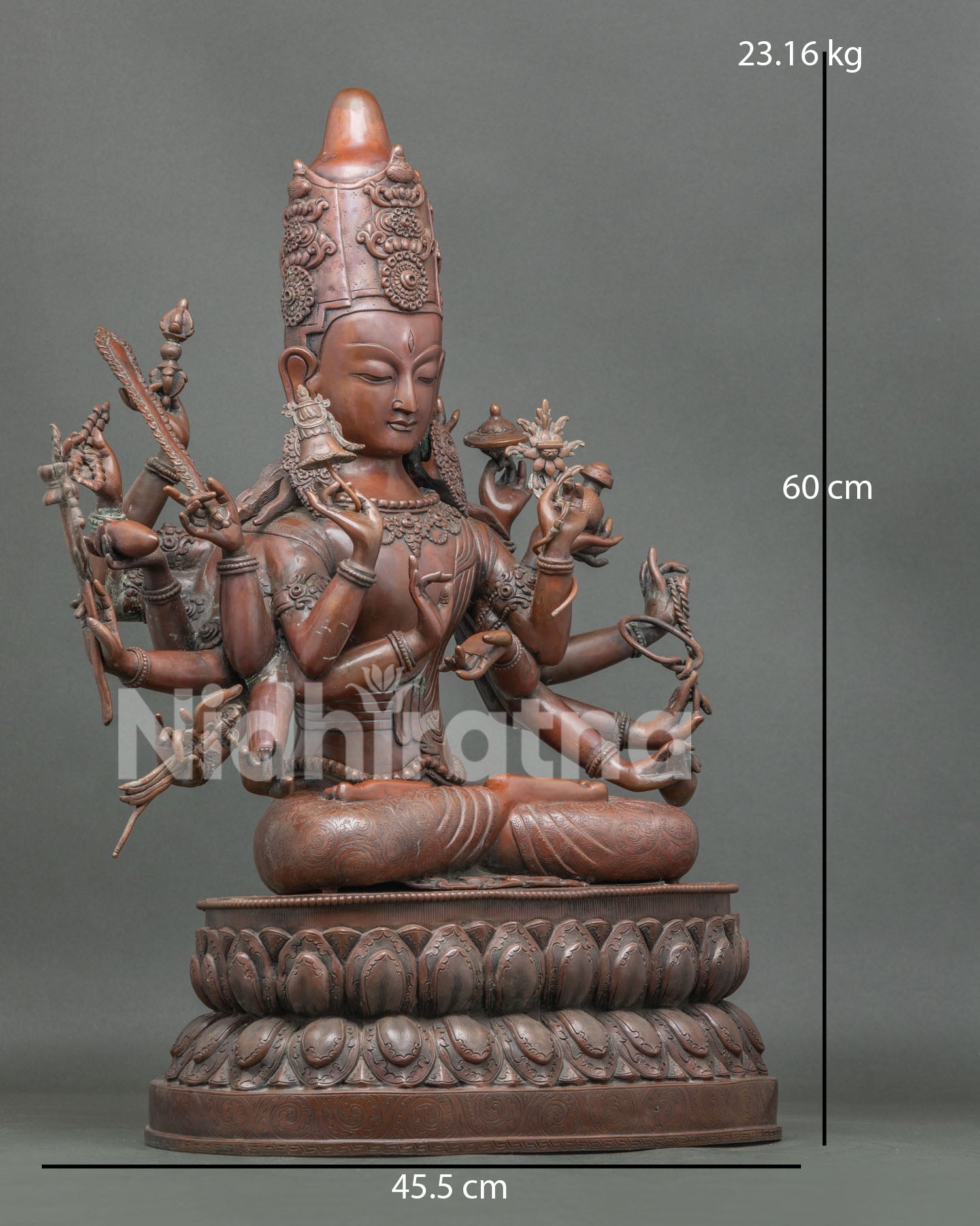 Right side view of 18-Armed Chundi copper statue, hand-cast Nepalese Buddhist art
