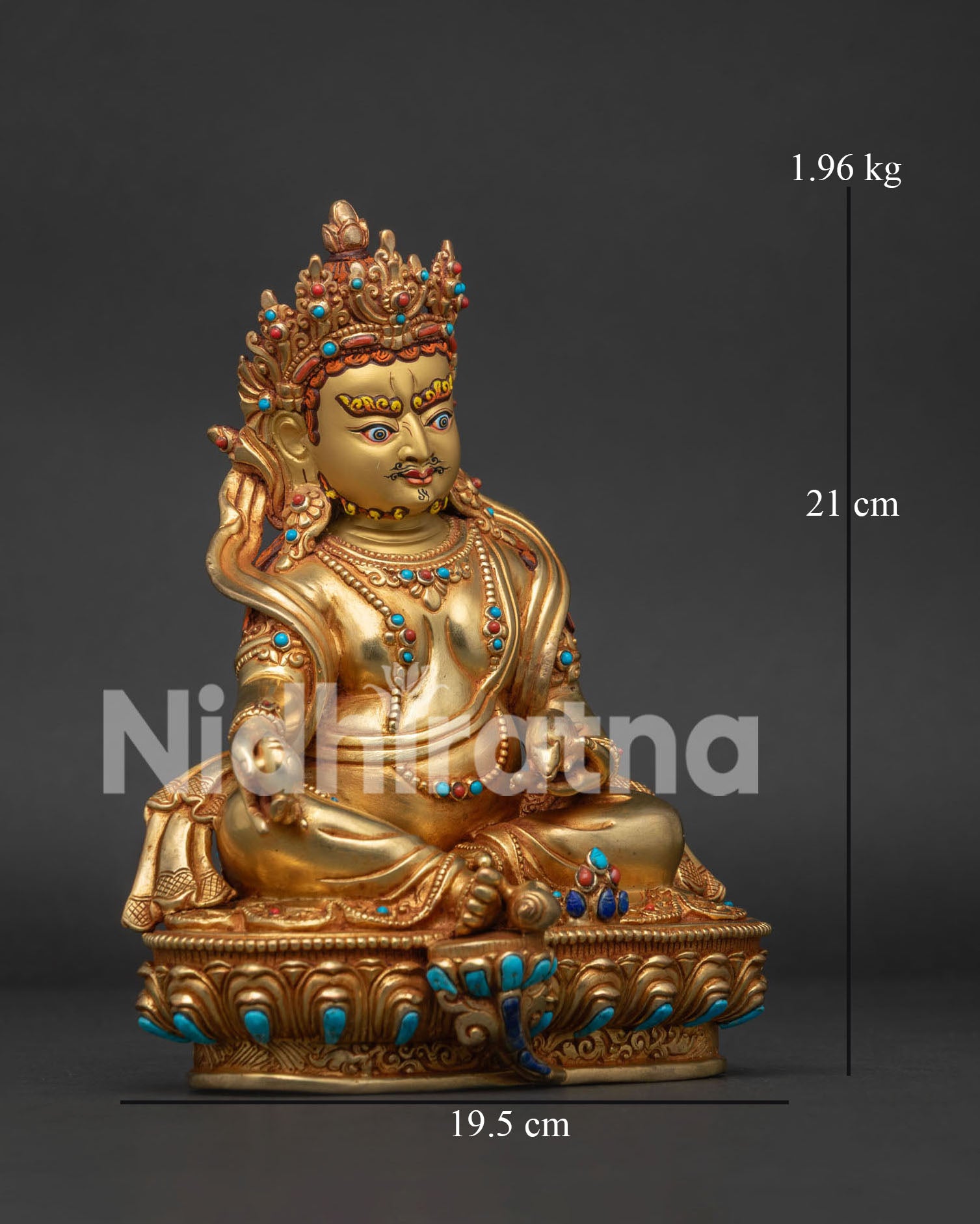 right side view of 24K gold Dzambhala statue on ornate lotus pedestal