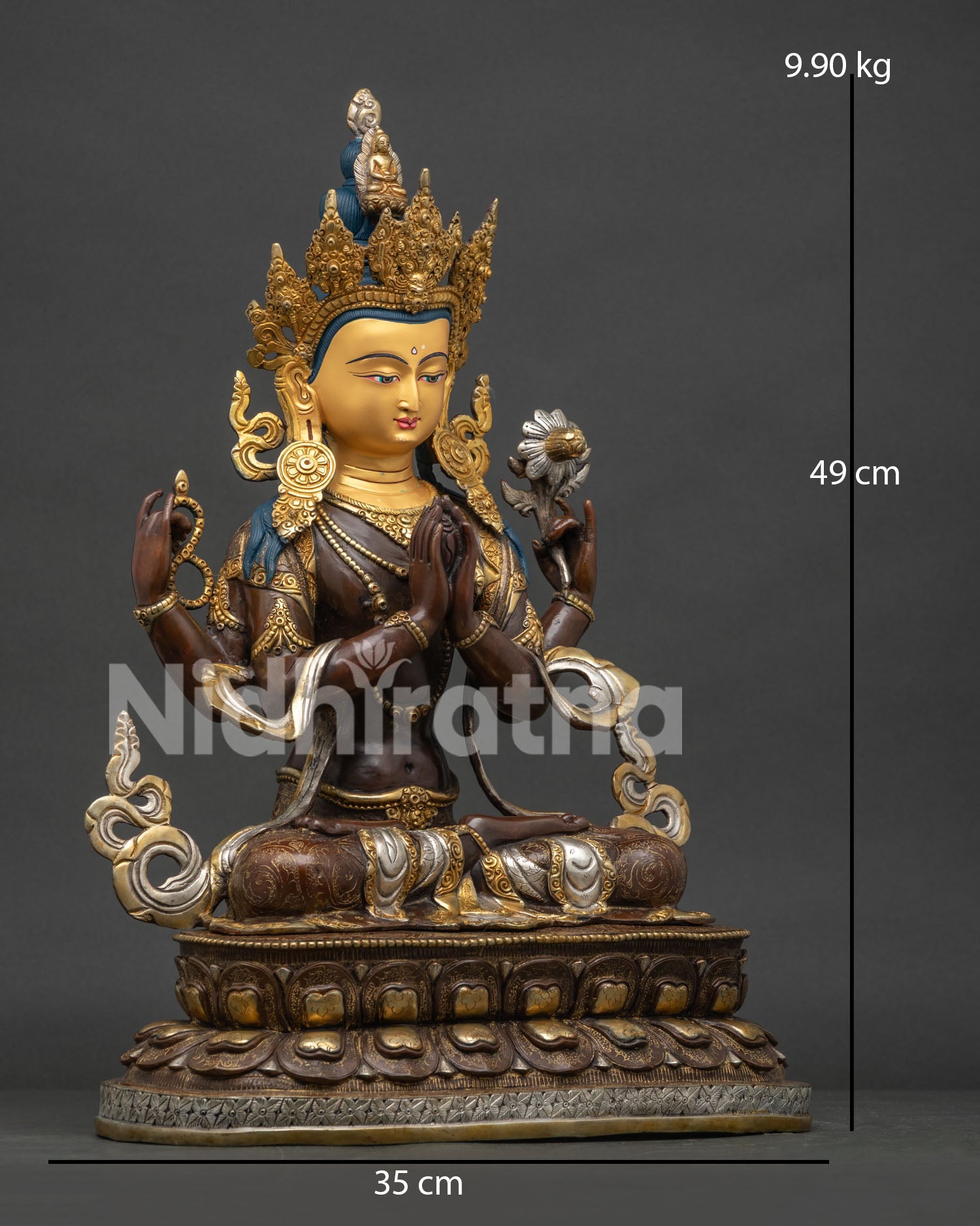 Right side view of 49cm handcrafted copper Chenrezig statue showing lotus seat and arm positioning.