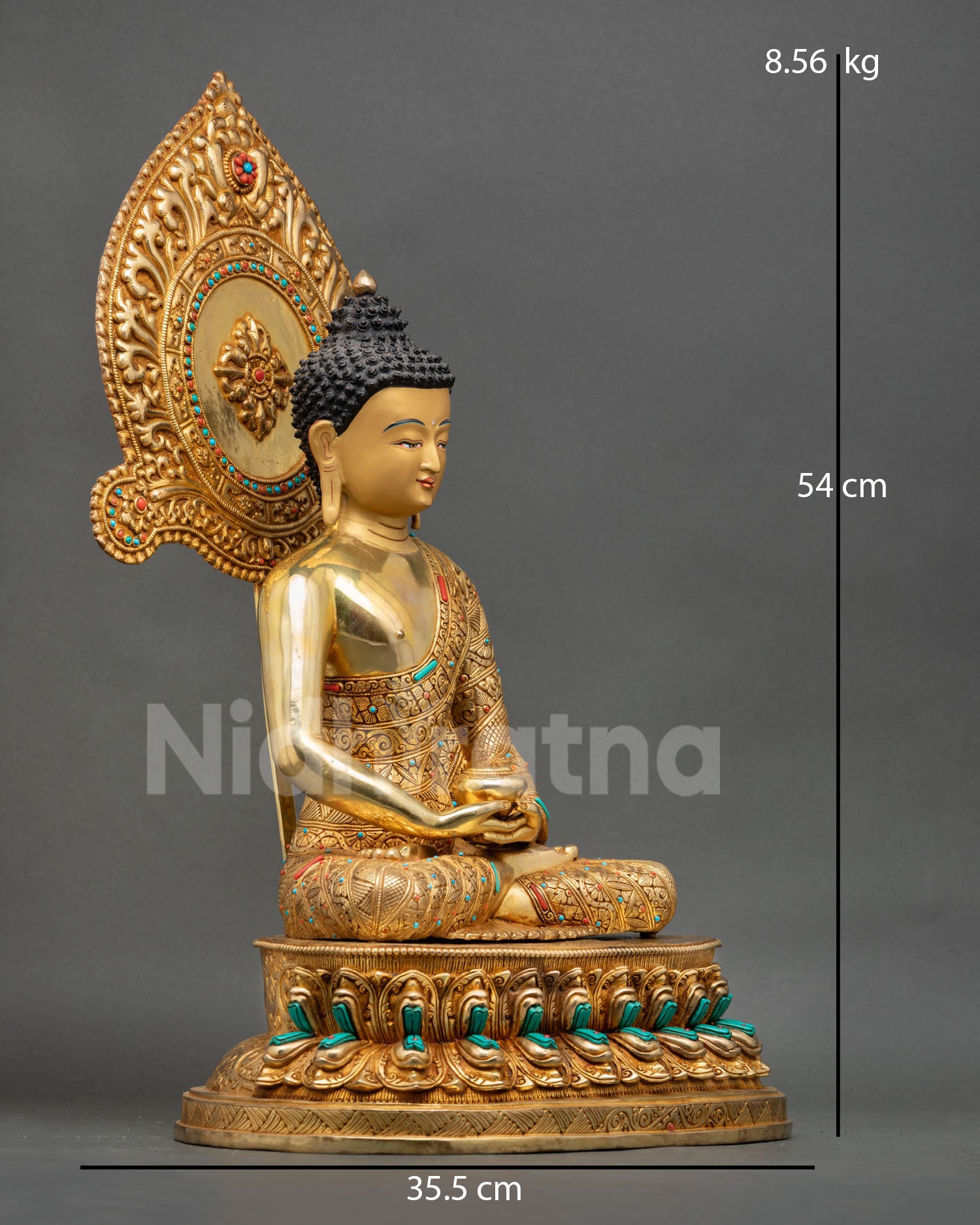 right side view of amitabha buddha statue in dhyana mudra holding alms bowl