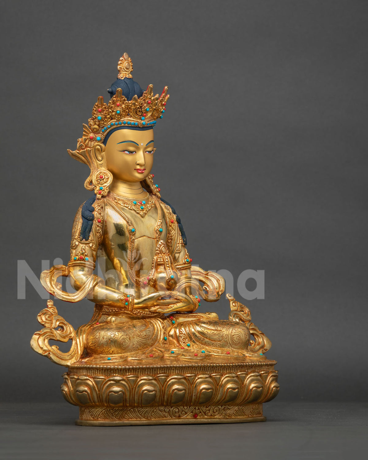 Right side view of Amitayus Buddha statue seated on double lotus base, gold gilded copper Nepal