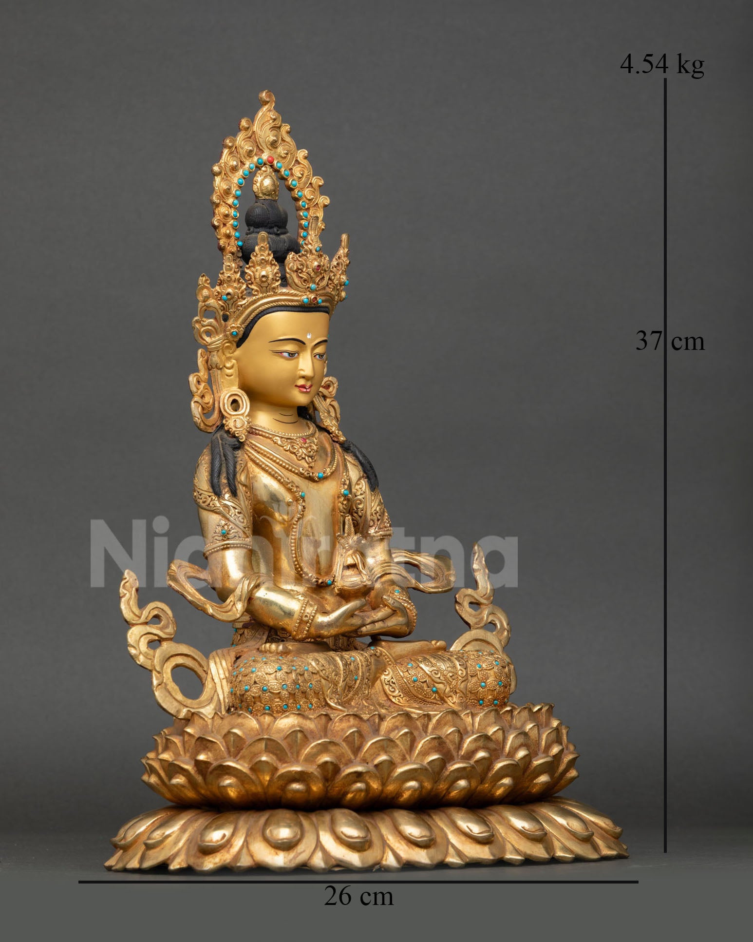 Right Side View of Amitayus Copper Statue on Lotus Pedestal