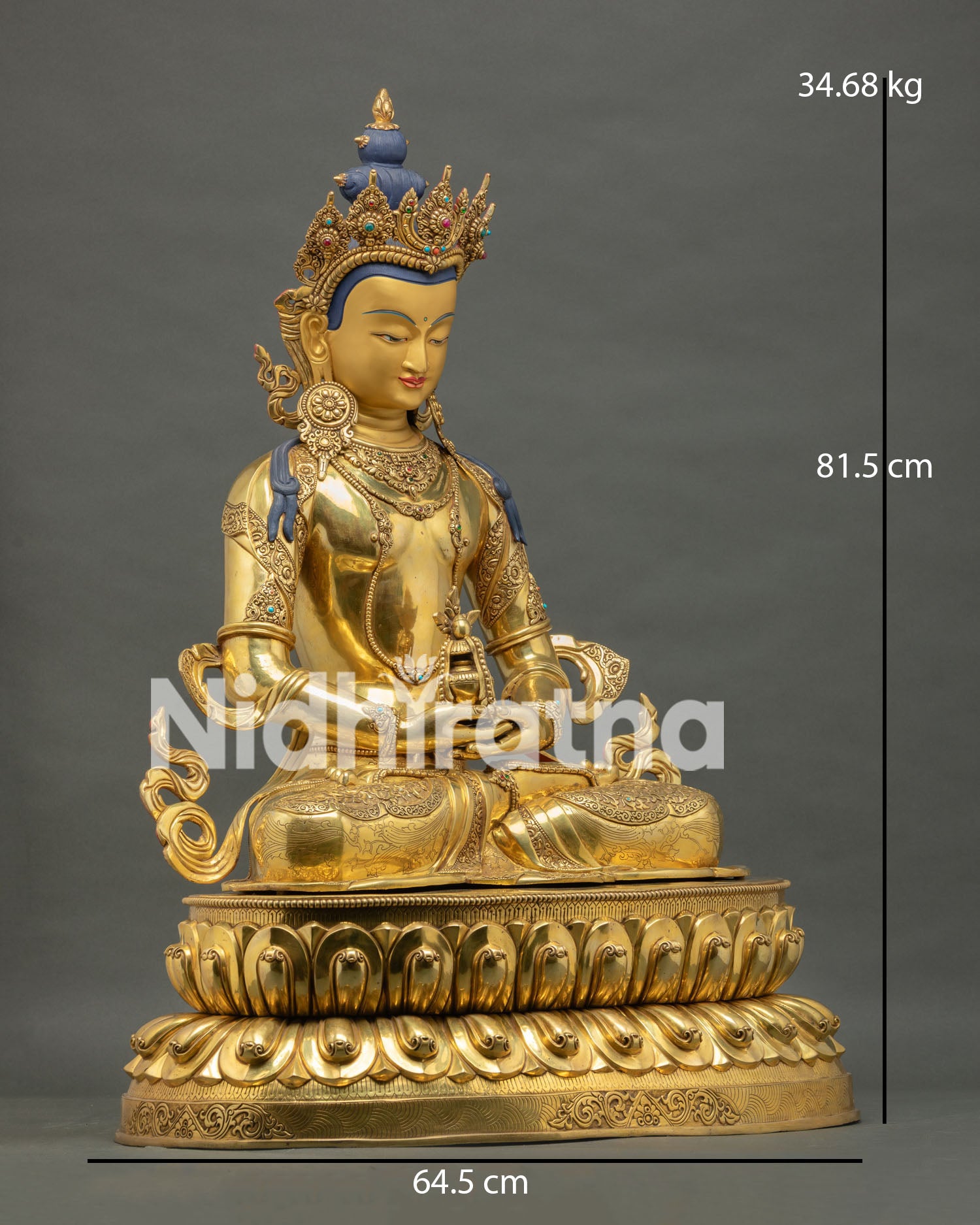 right side view of amitayus statue, full body profile, double lotus throne, copper and gold finish