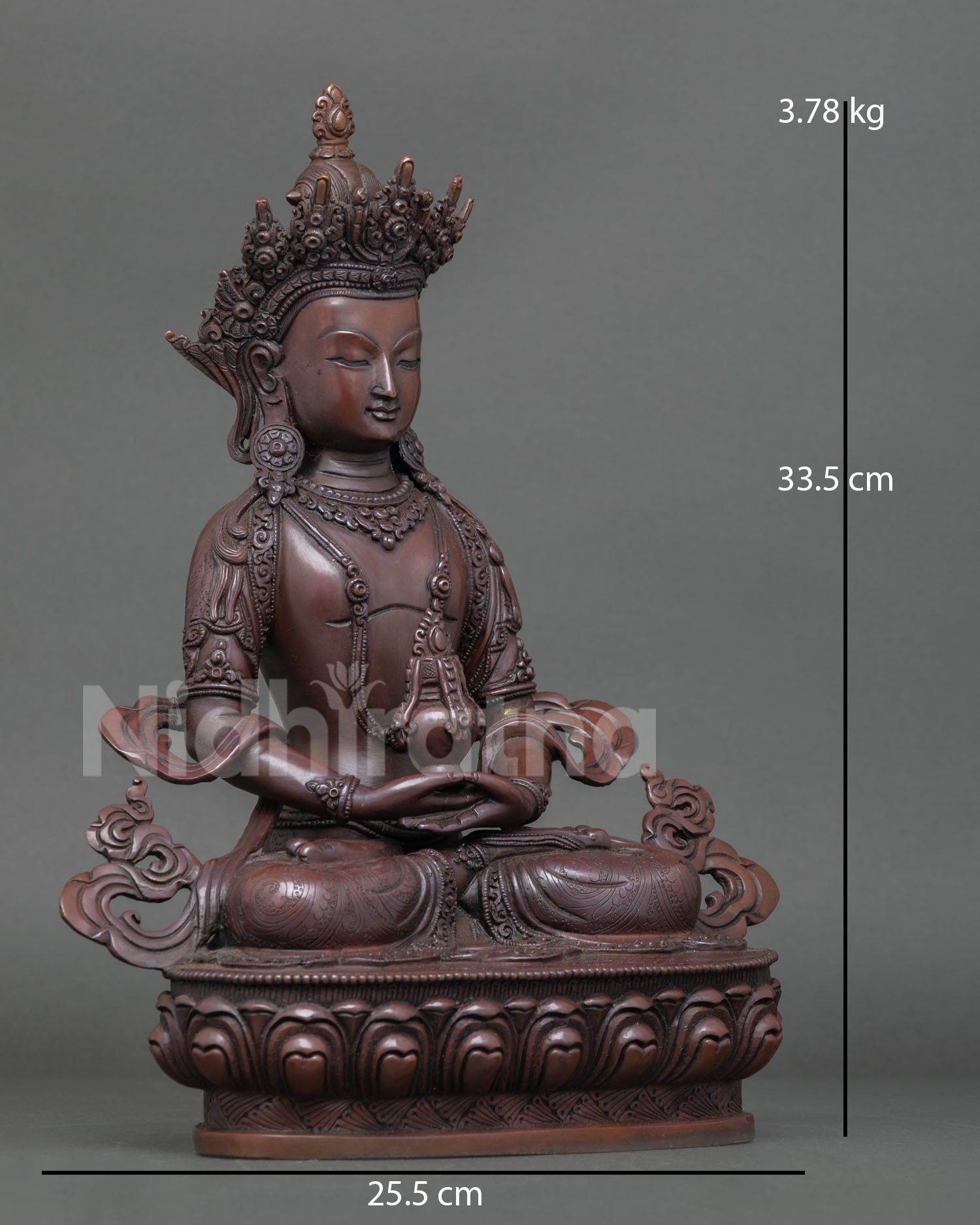 Right side view of Amitayus statue in meditation posture holding vase of longevity nectar