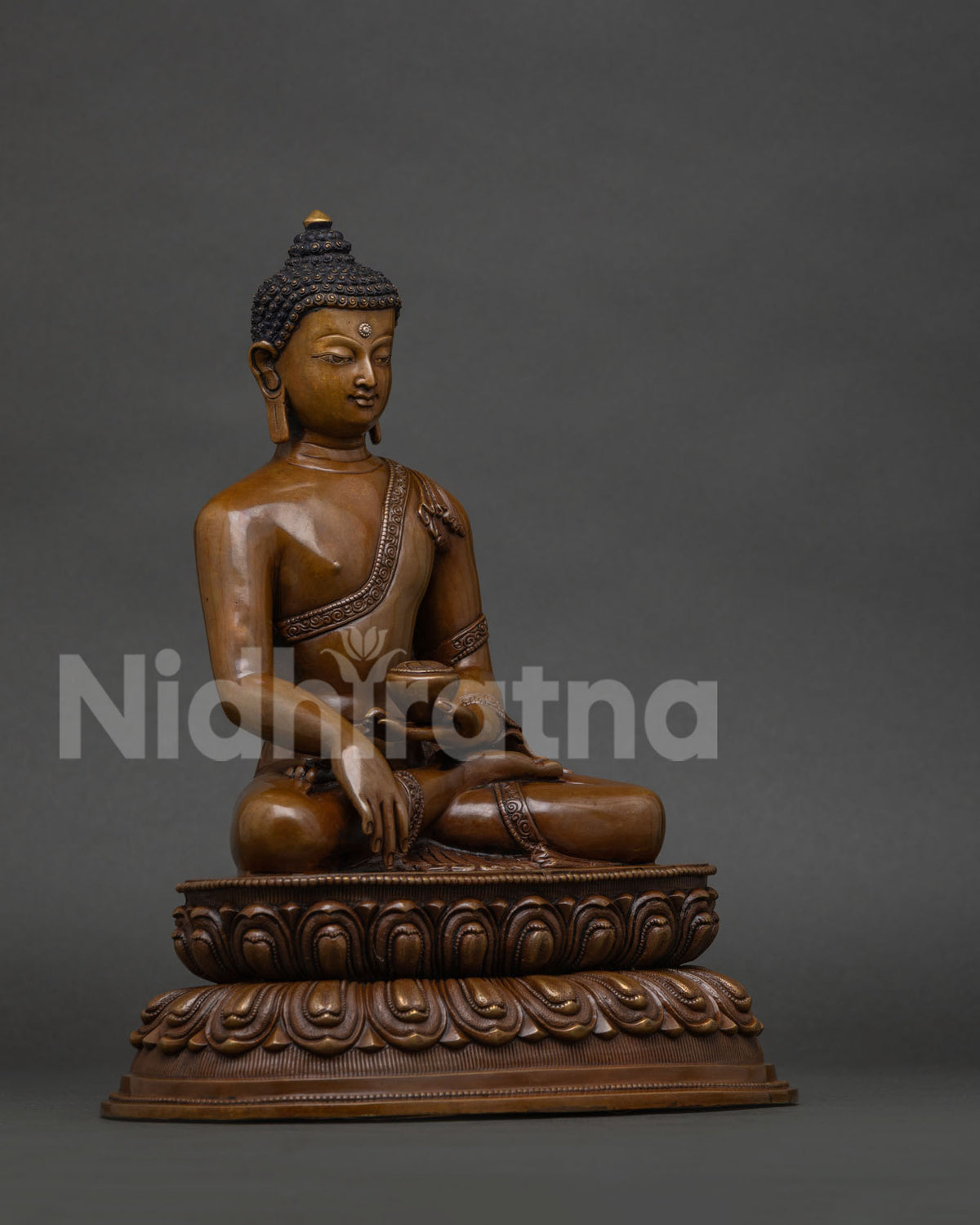 right side view of chemically oxidized copper shakyamuni buddha statue