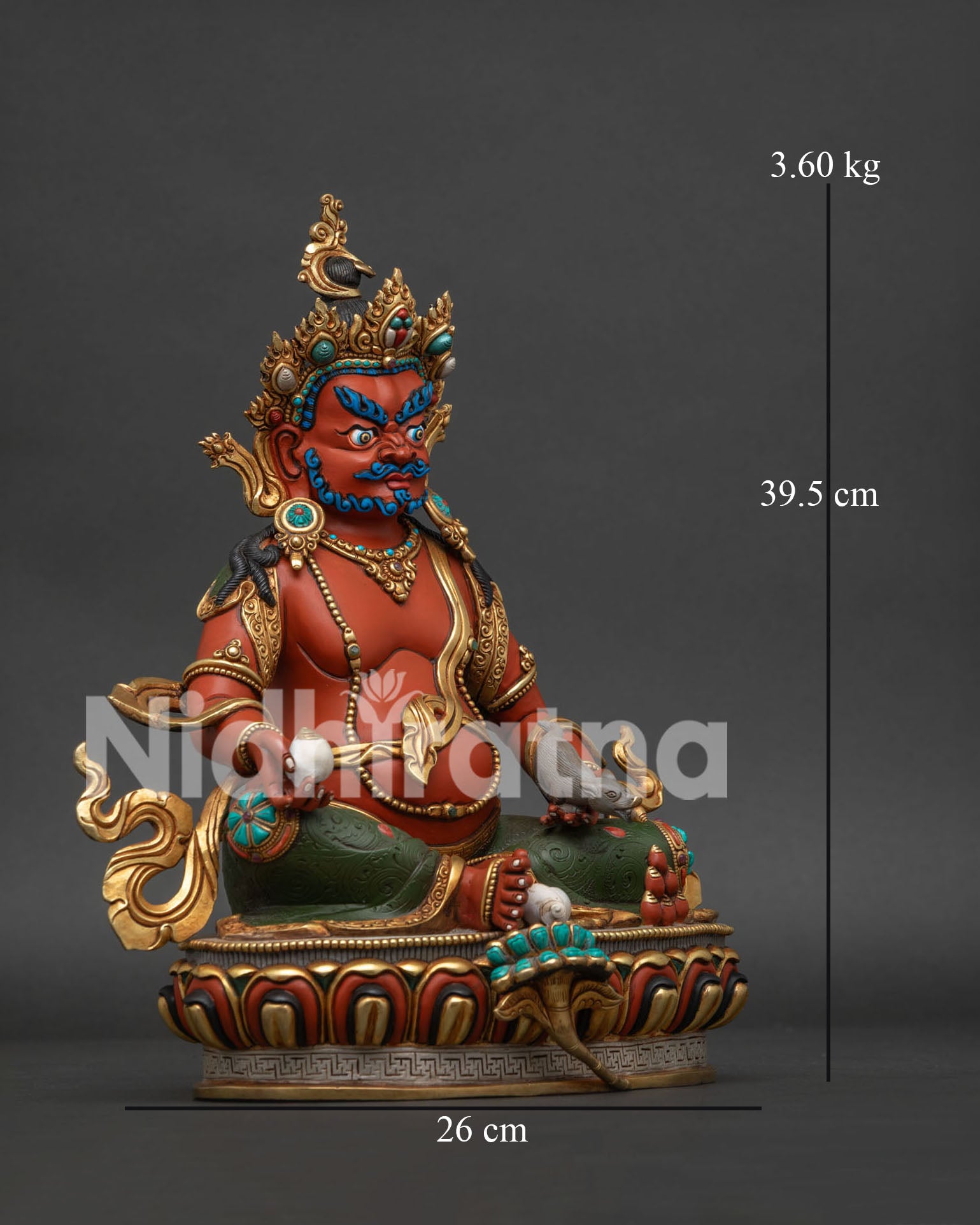 Right side view of copper Dzambhala wealth deity statue resting on a hand-chased gold lotus throne.