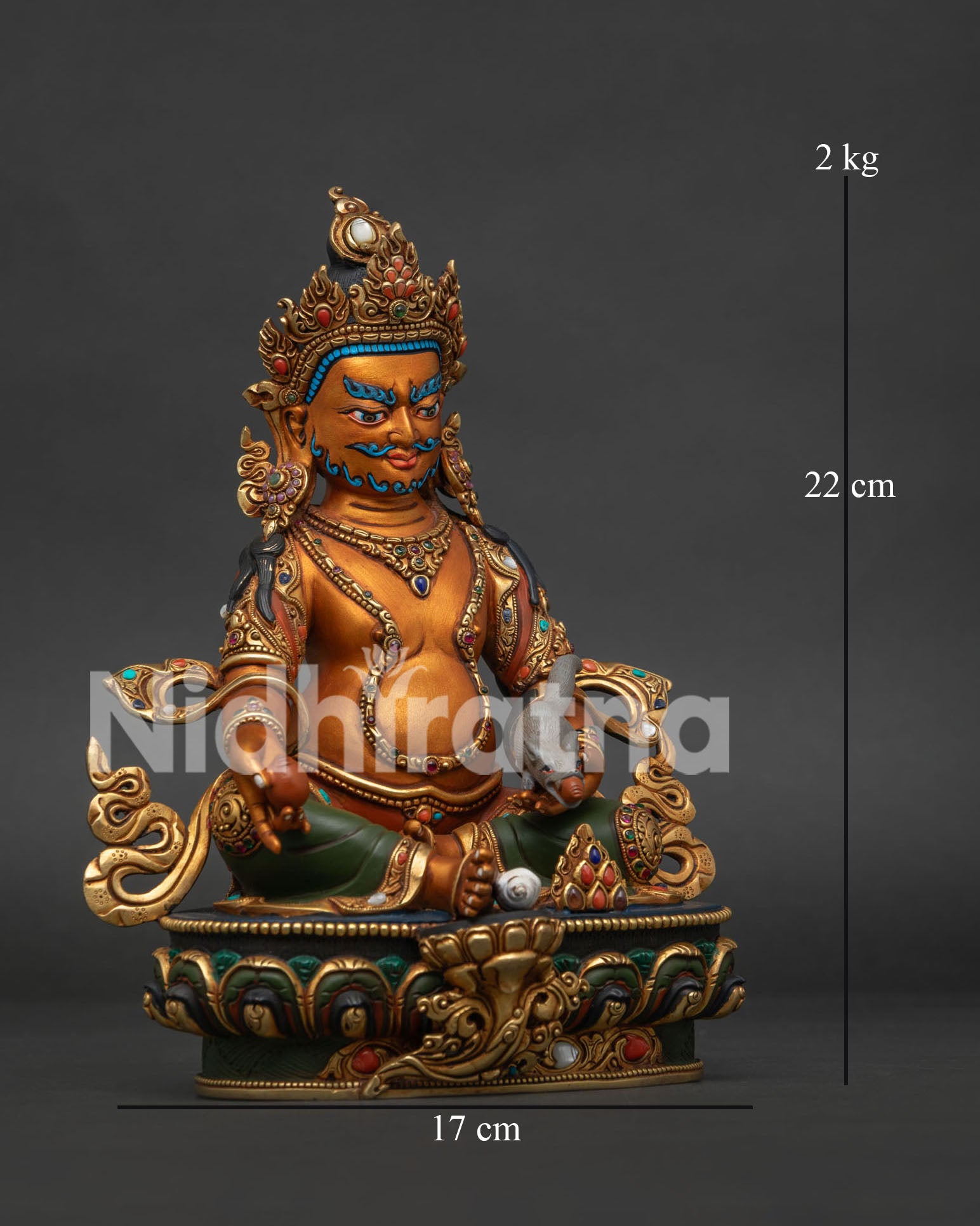 Right side view of Dzambhala Statue showing mongoose dispensing jewels