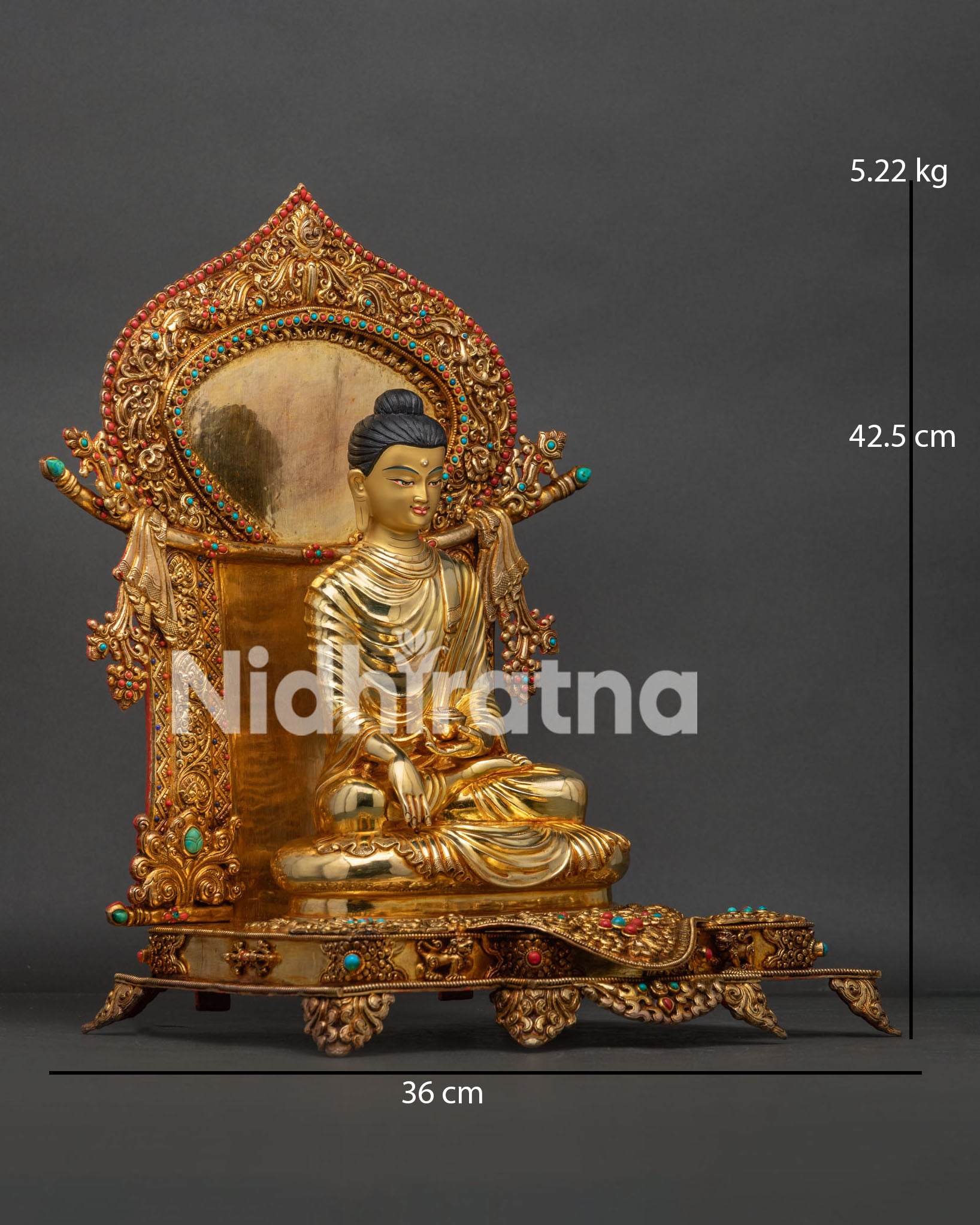 Right Side View of Enthroned Shakyamuni Buddha Statue with Ornate Jeweled Throne