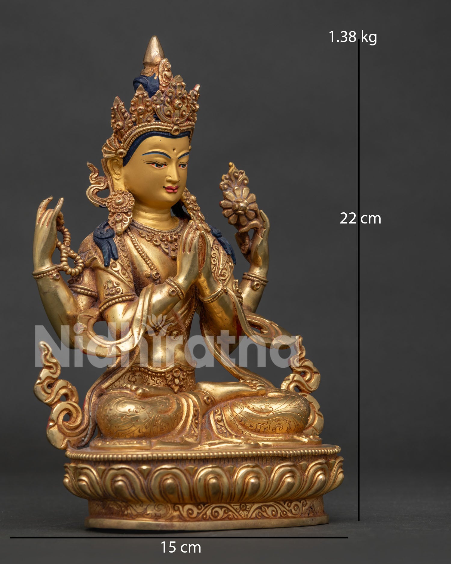 Right Side View of Four Armed Chenrezig Statue with Crystal Rosary