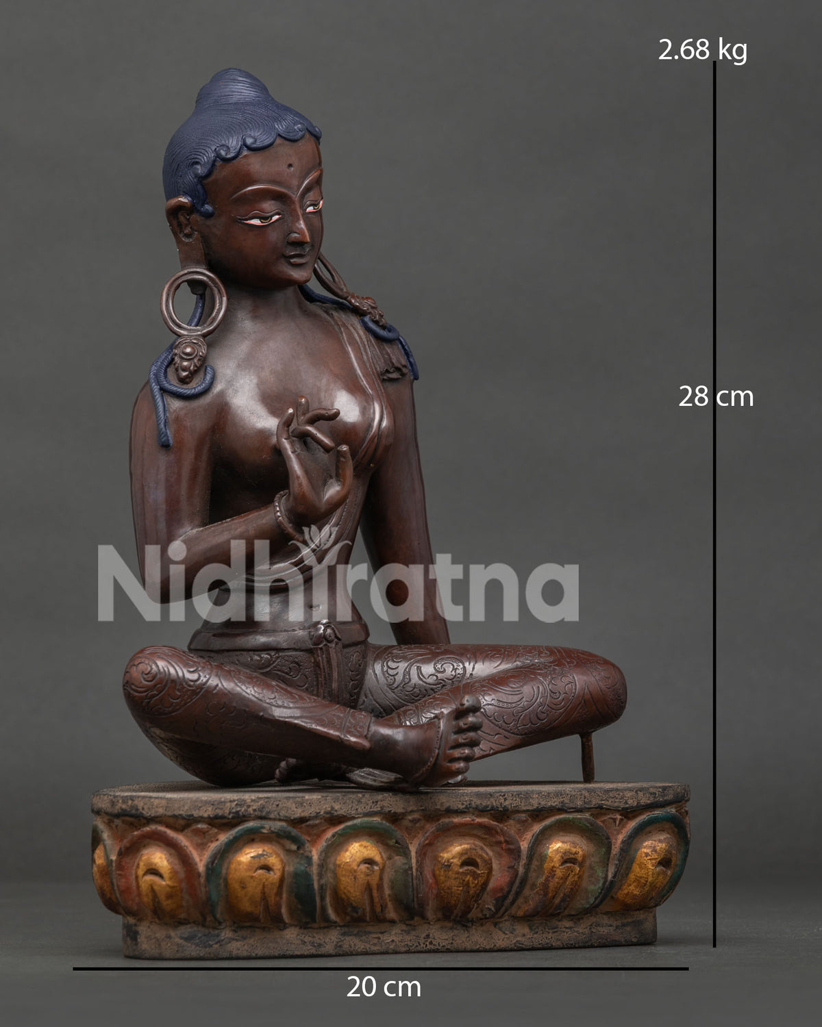 Right side view of Green Tara oxidized copper statue on lotus seat, Nepal Buddhist altar decor
