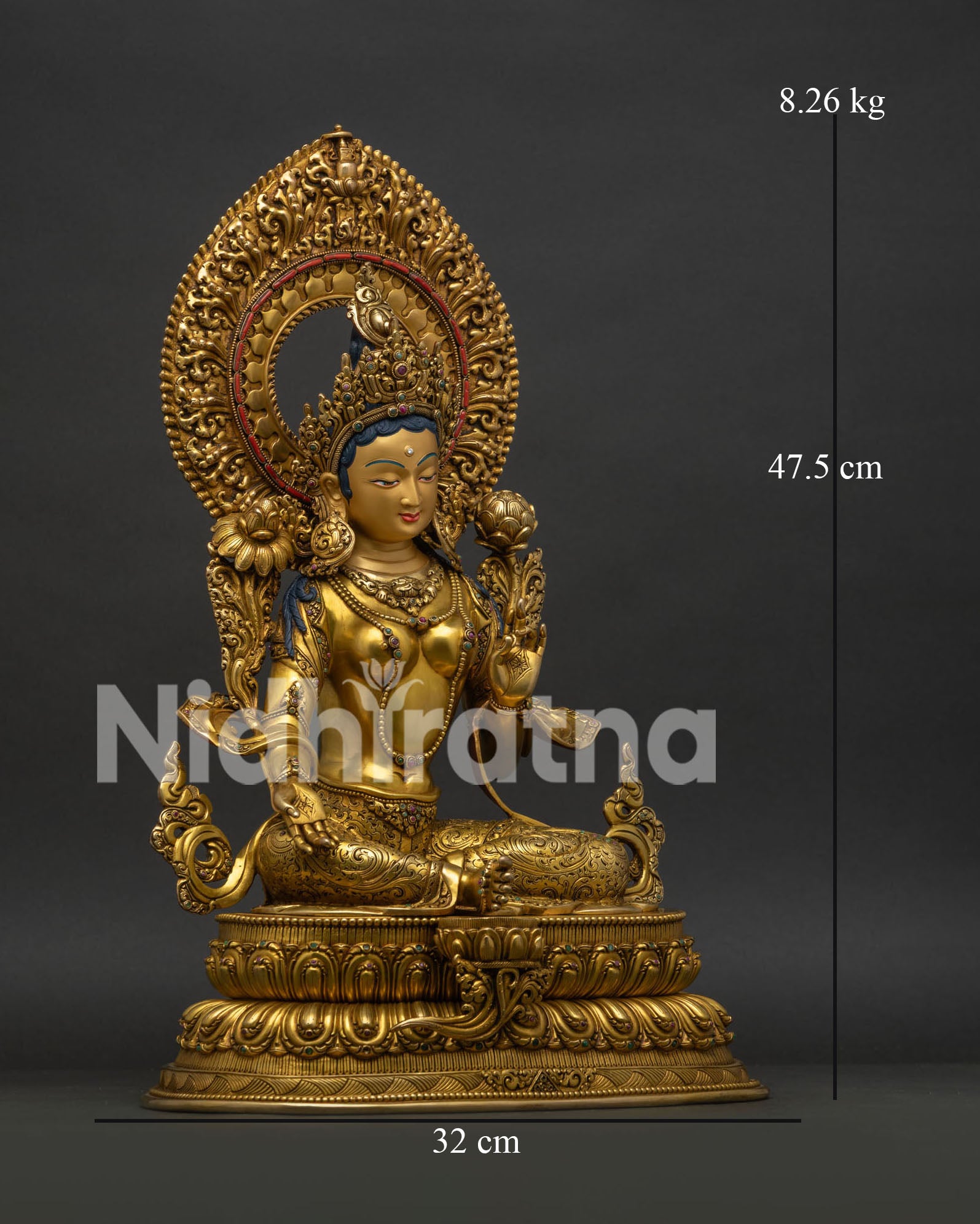 Right side view of Green Tara Statue handcrafted copper Buddhist artwork from Nepal