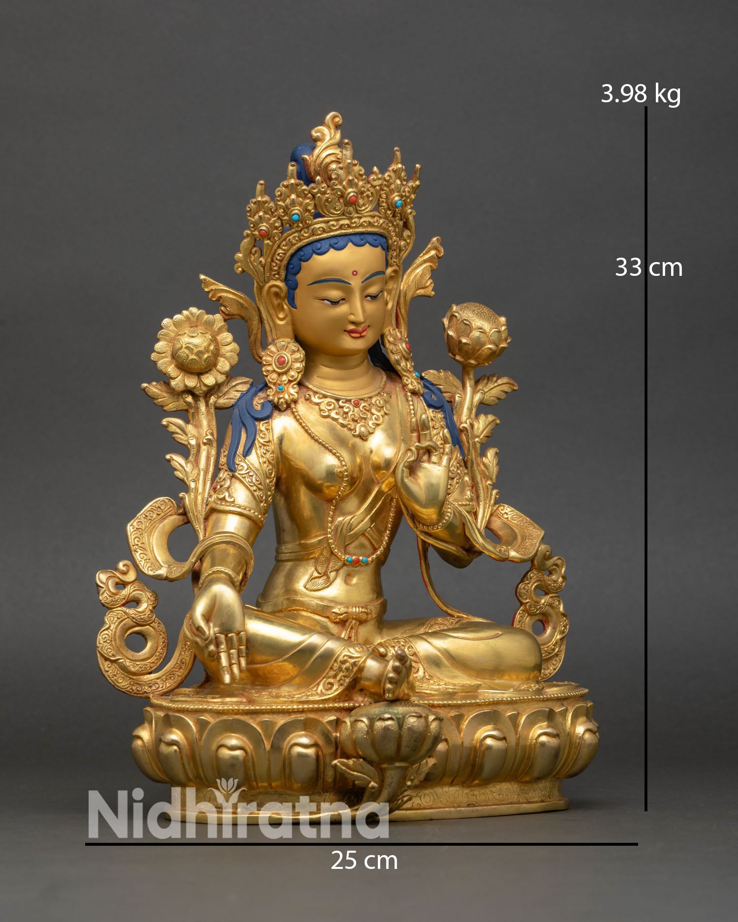 right side view of green tara statue, handcrafted nepalese buddhist devotional art