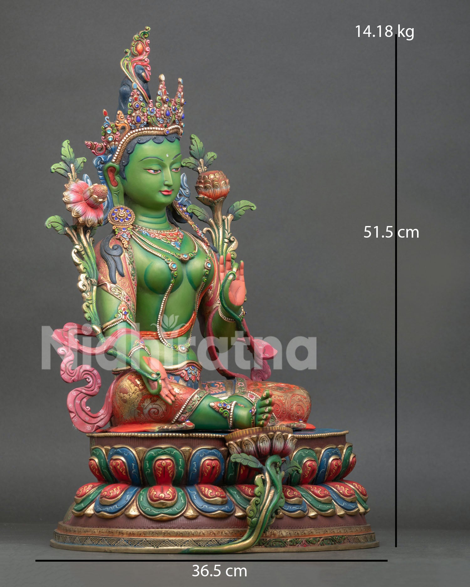 Right Side View of Green Tara Statue on Lotus Throne Handcrafted in Nepal
