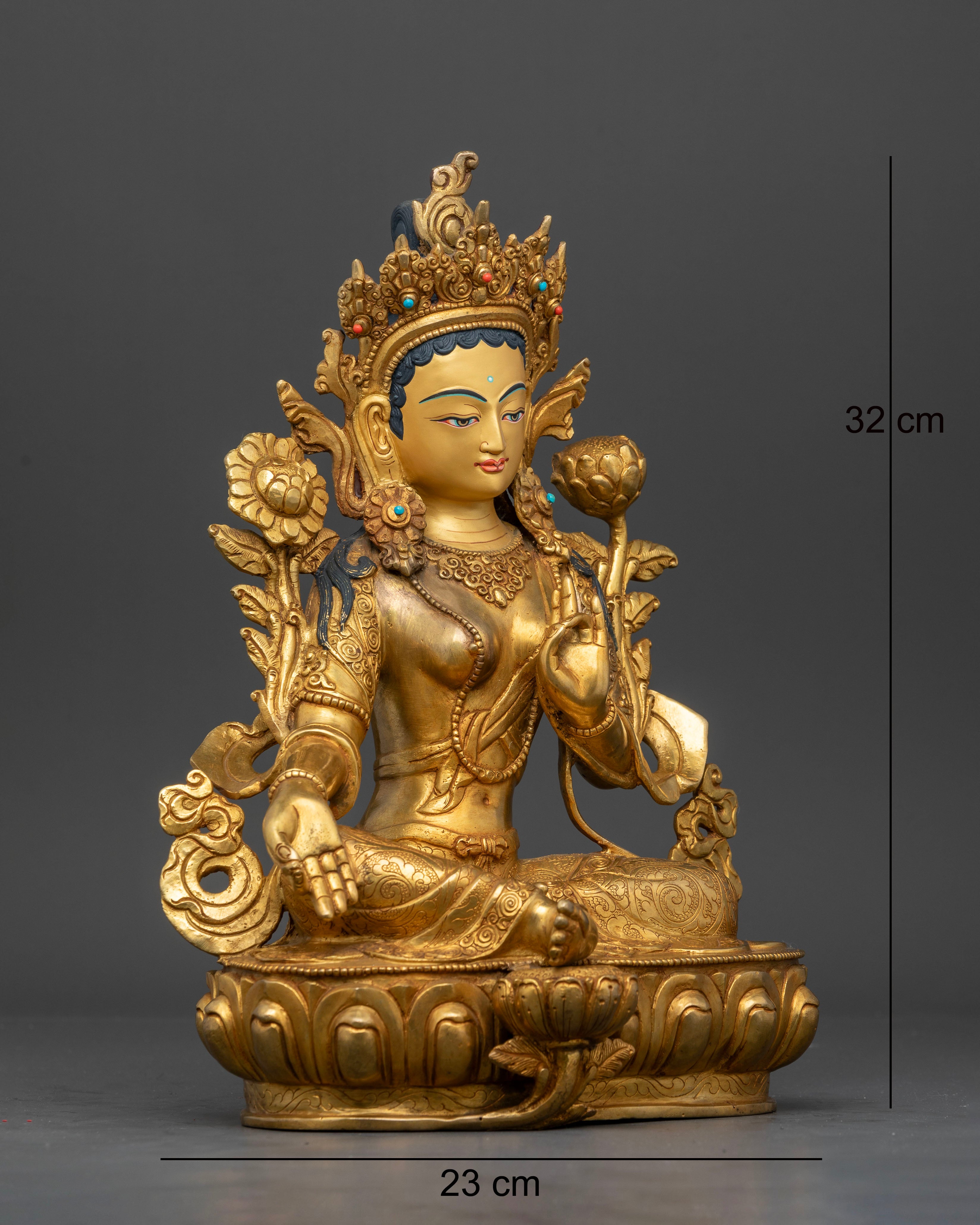 Right side view of Green Tara Statue showing copper carving and lotus posture details