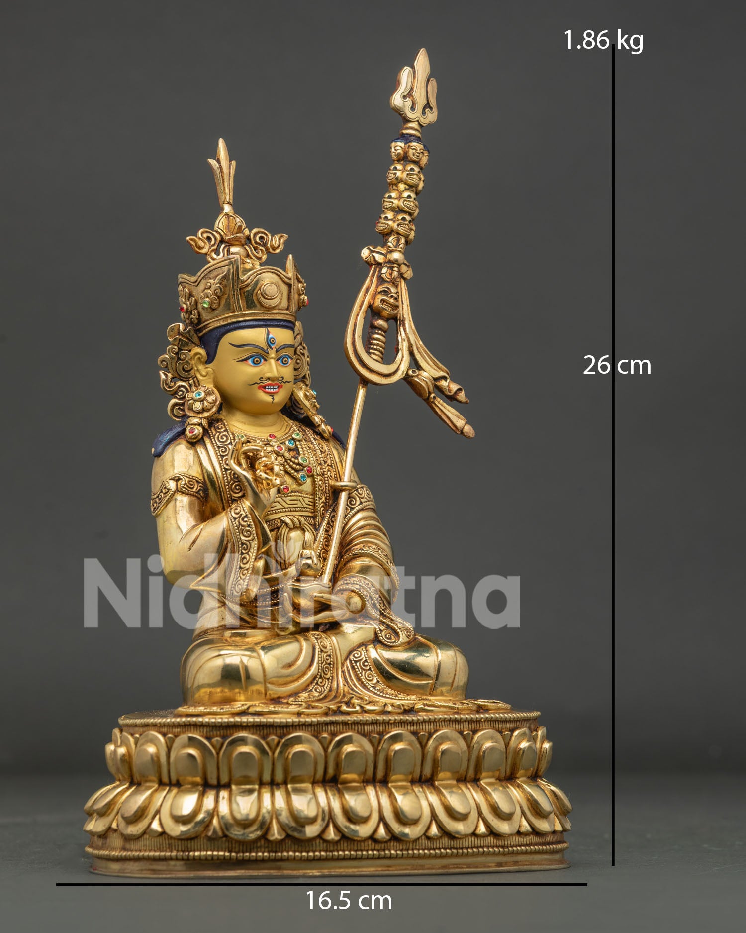Right side view of Guru Tsokye Dorje Statue handcrafted from copper with traditional fire gilding